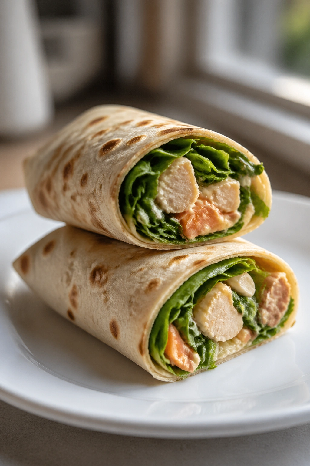 Mini wrap filled with salmon or chicken on a plate