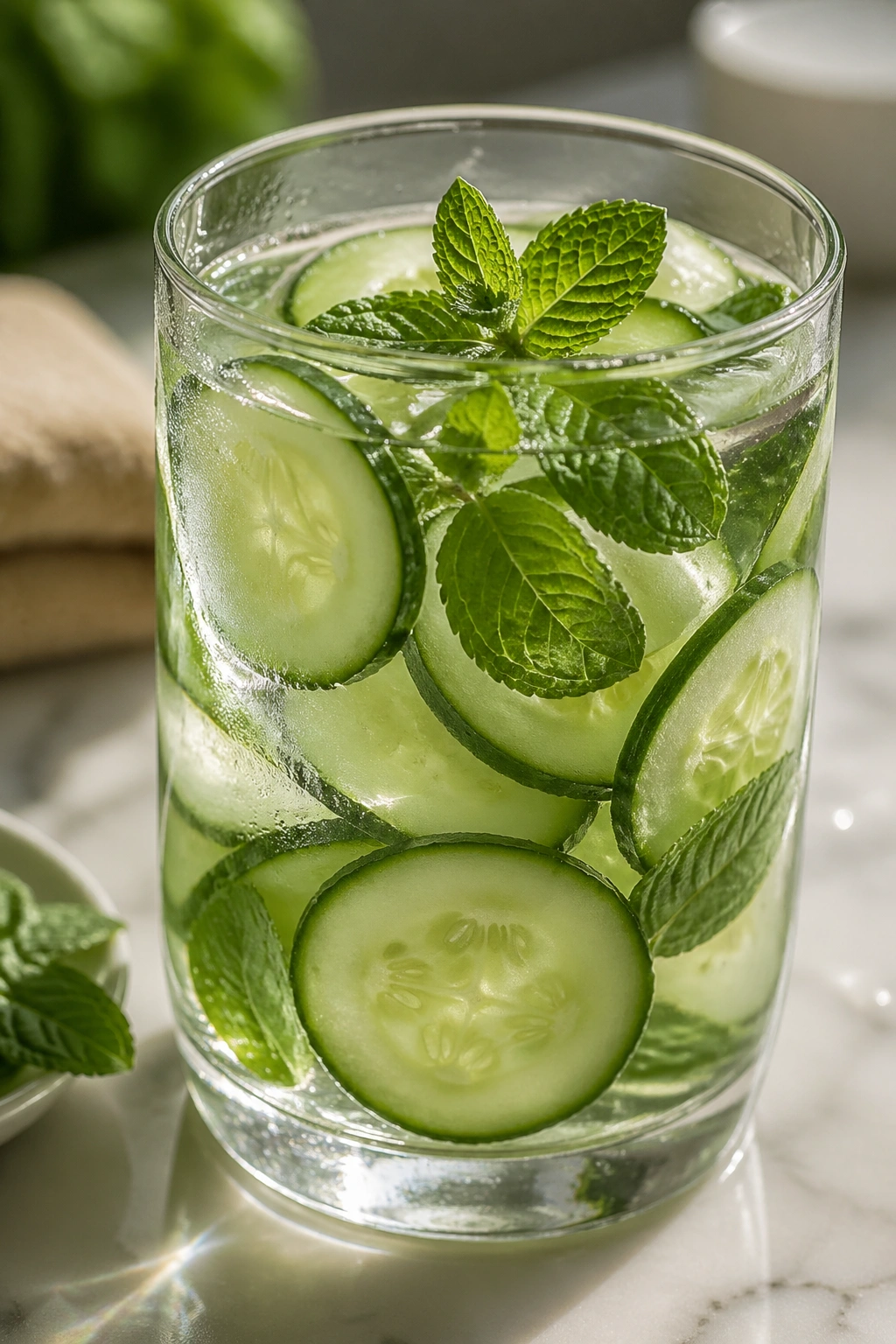 Close-up of mint and cucumber water in a glass with spa-like lighting