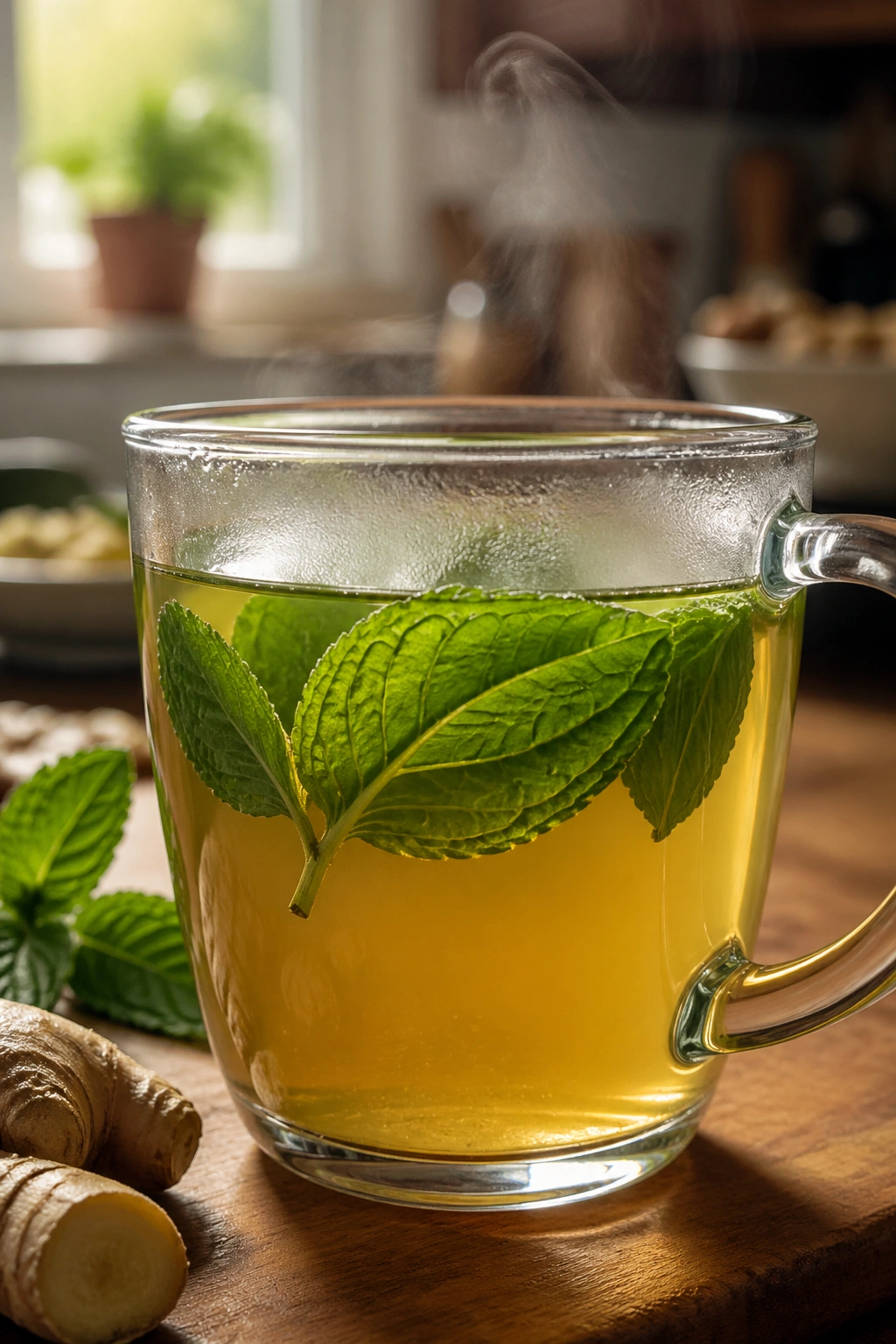 Mug of mint ginger tea with fresh mint leaves after a salty meal