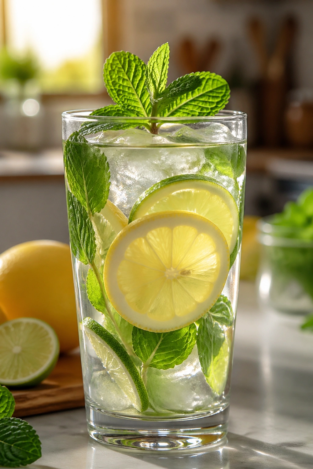 Close-up of Mint Lime Lemon Pre-Meal Water in a glass with mint and citrus on a kitchen counter