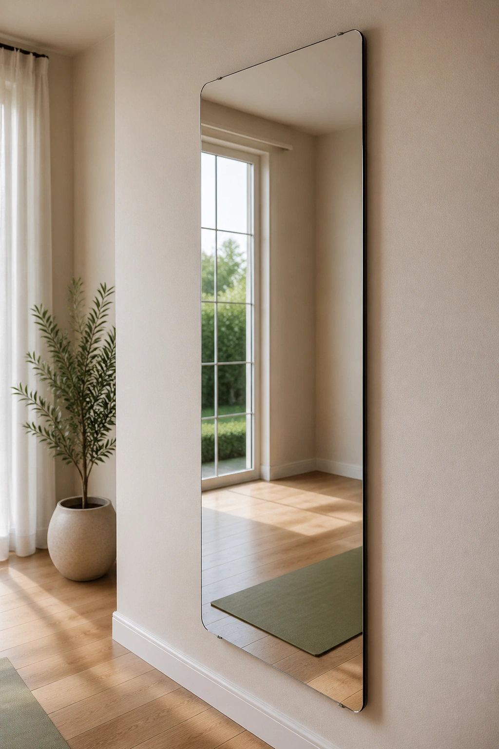Slim wall-mounted mirror on a calm yoga room wall
