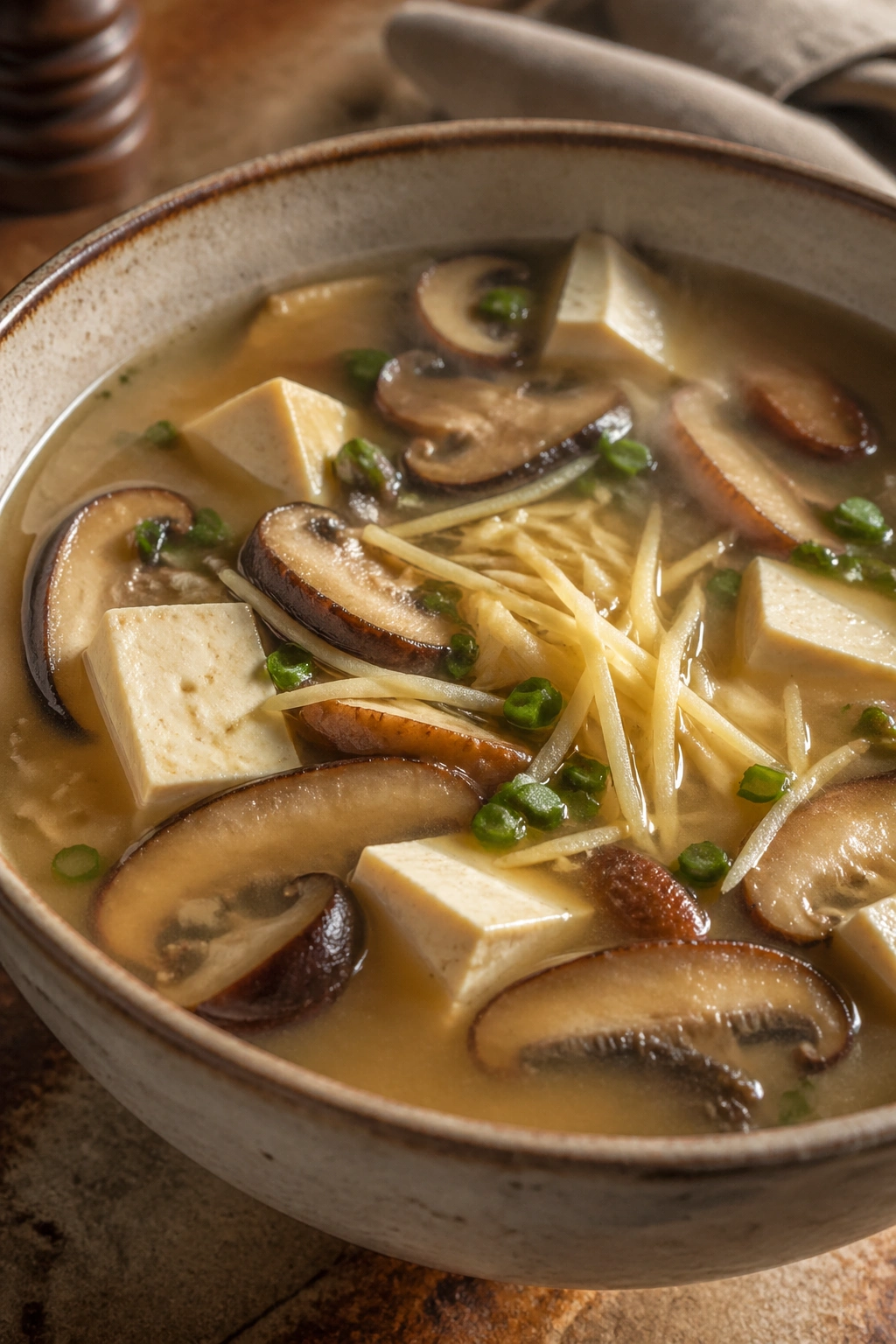 Close-up of miso ginger mushroom soup with tofu in a bowl
