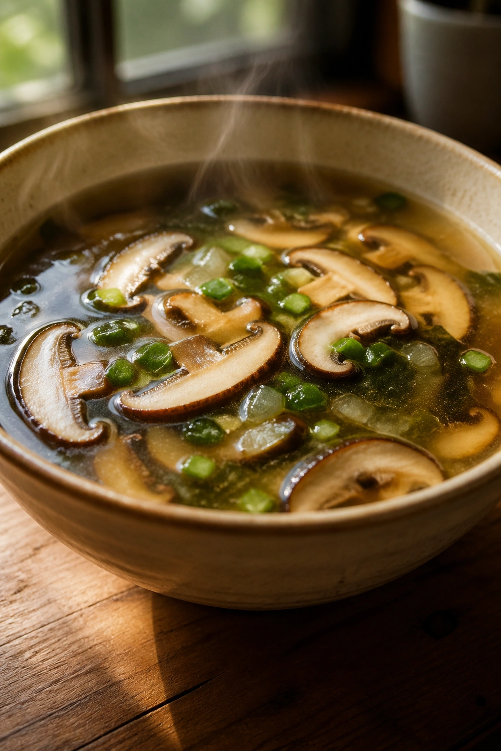 Close-up of Miso Mushroom Clearing Soup in a bowl with shiitake mushrooms in miso broth on a rustic kitchen table