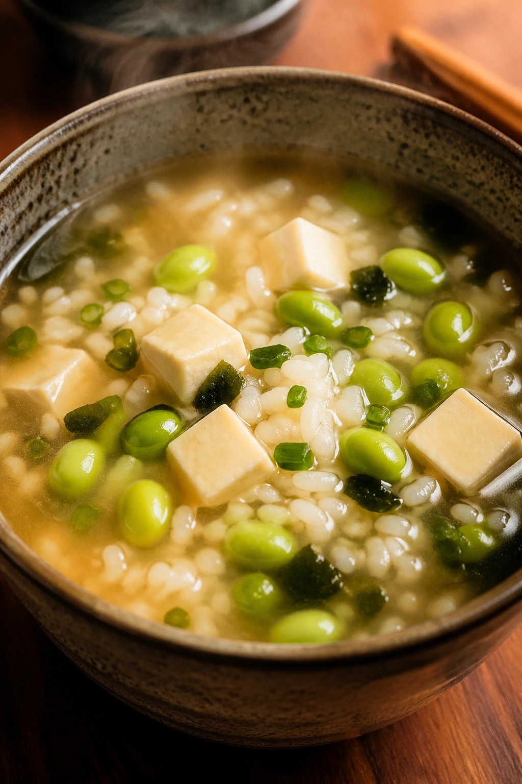 Close-up of miso soup with rice and edamame in a bowl