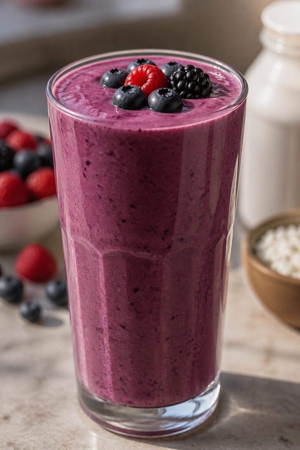 Close-up of Mixed Berry Cottage Cheese Shake in a glass with a blurred kitchen background