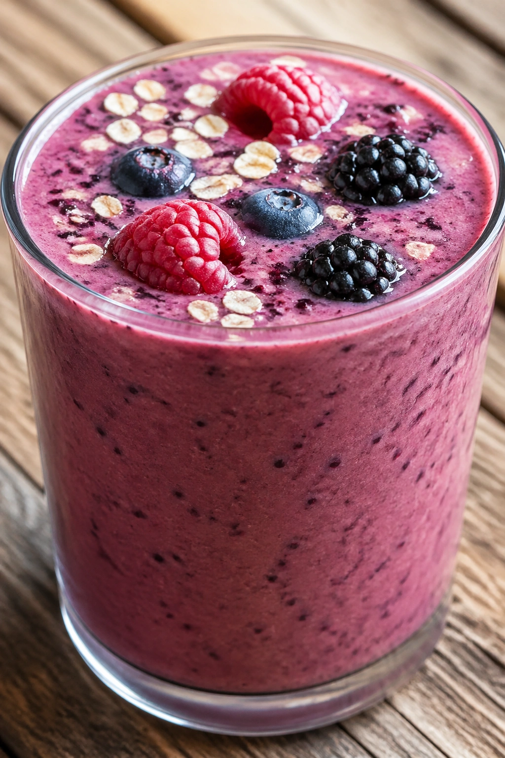 Close-up of Mixed Berry Oatmeal Smoothie in a glass on a wooden counter