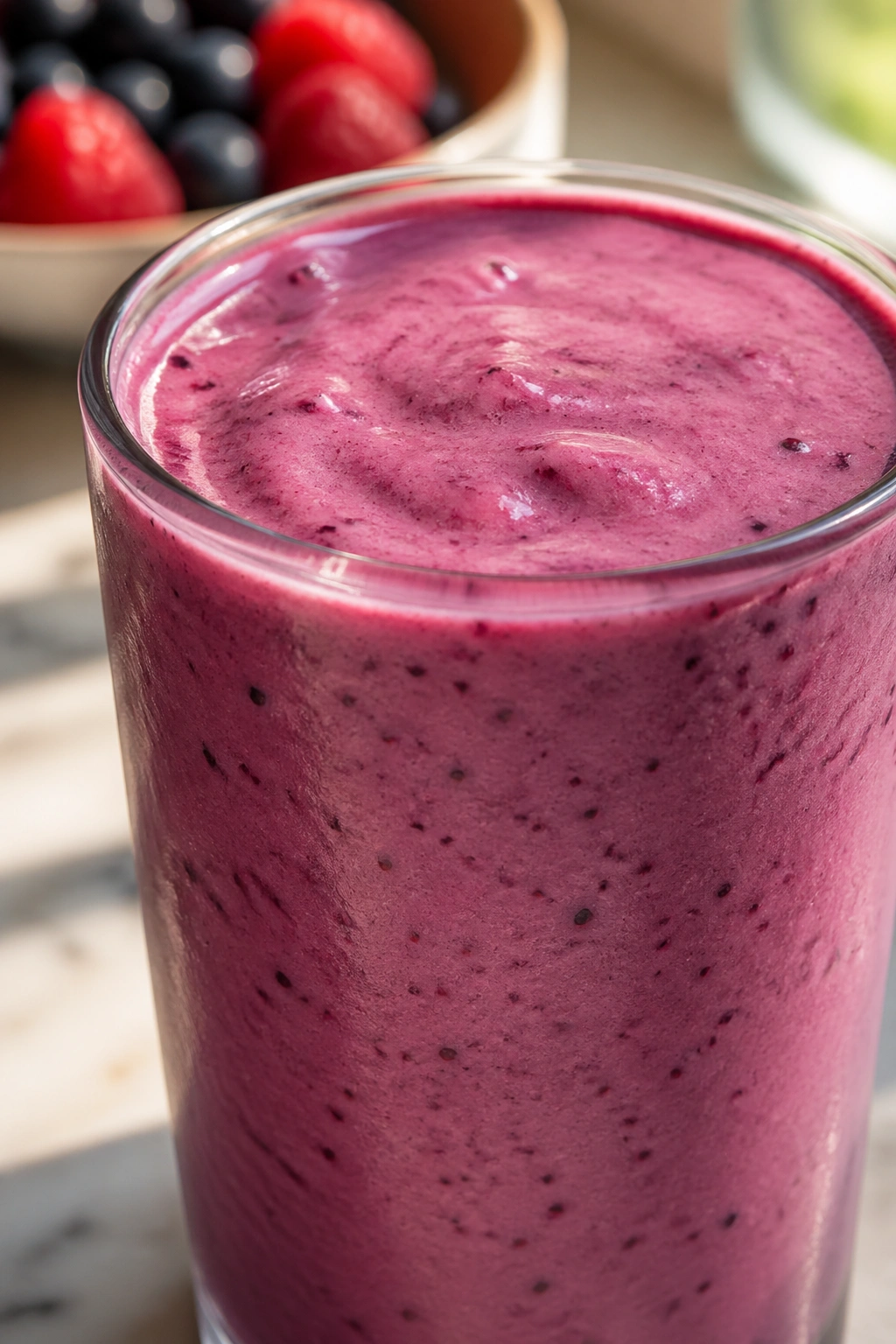 Close-up of mixed berry yogurt smoothie in glass on sunny kitchen counter