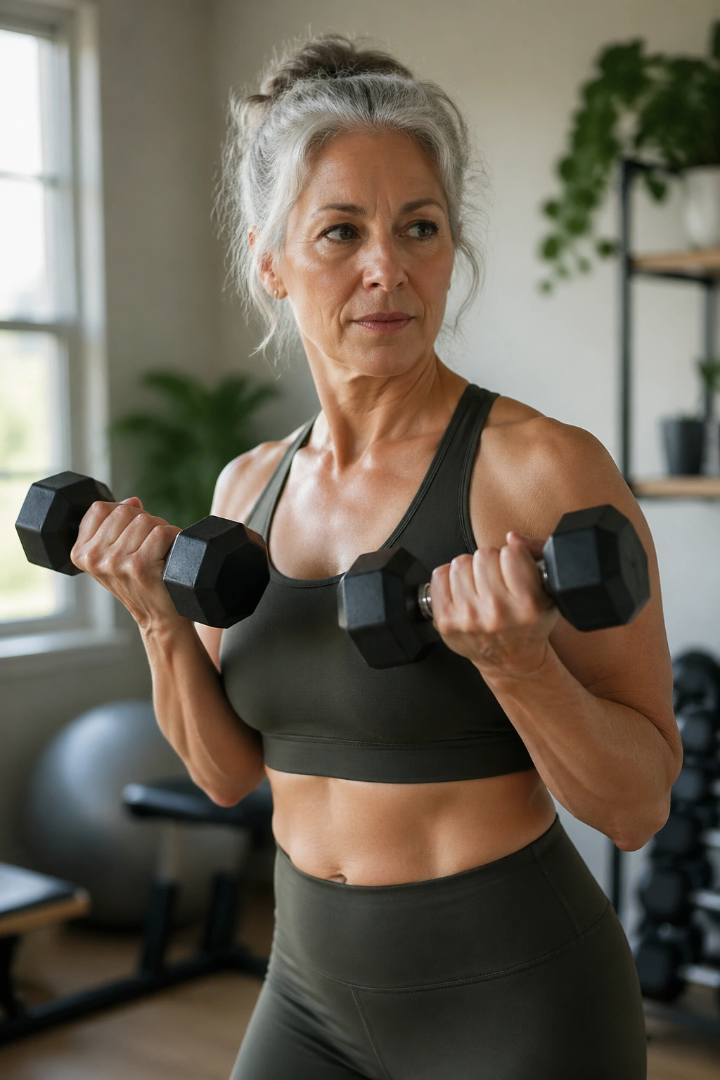 Woman in her 50s performing a compact circuit in a bright home gym