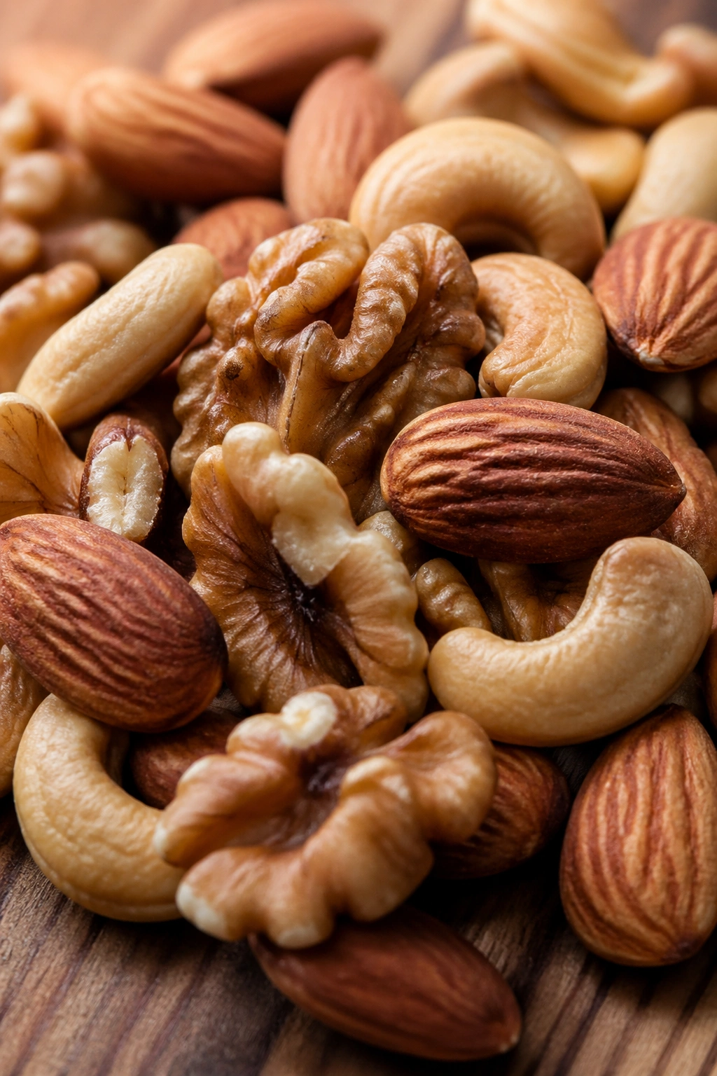 Close-up of mixed nuts on a wooden surface