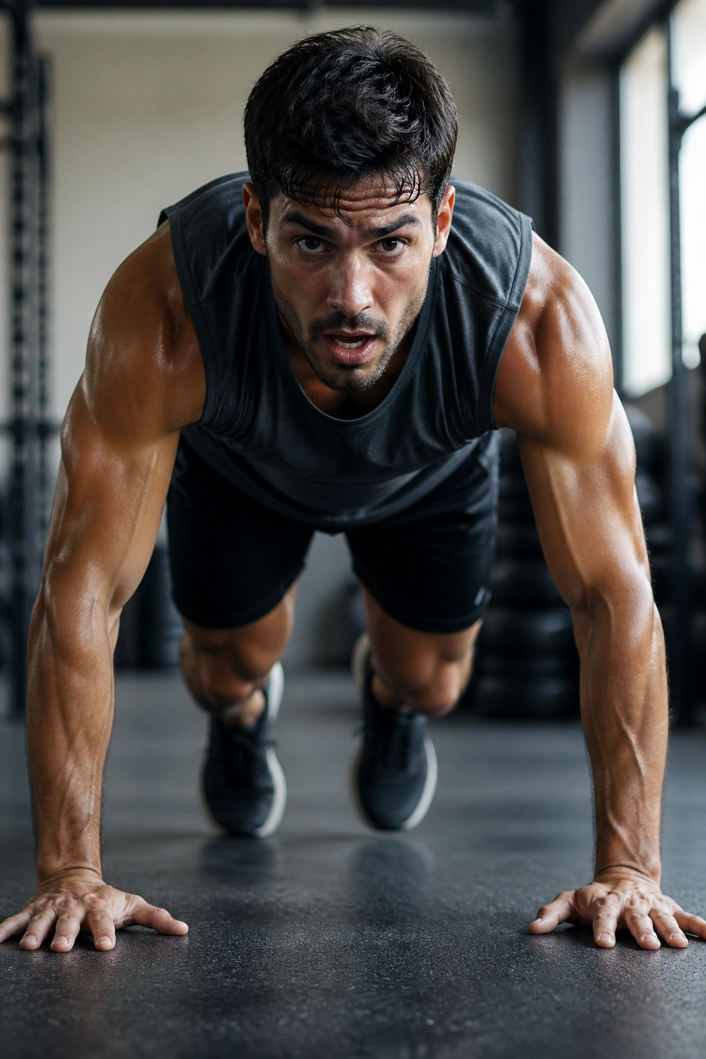 Close-up of athlete in burpee in gym showing tempo and intensity
