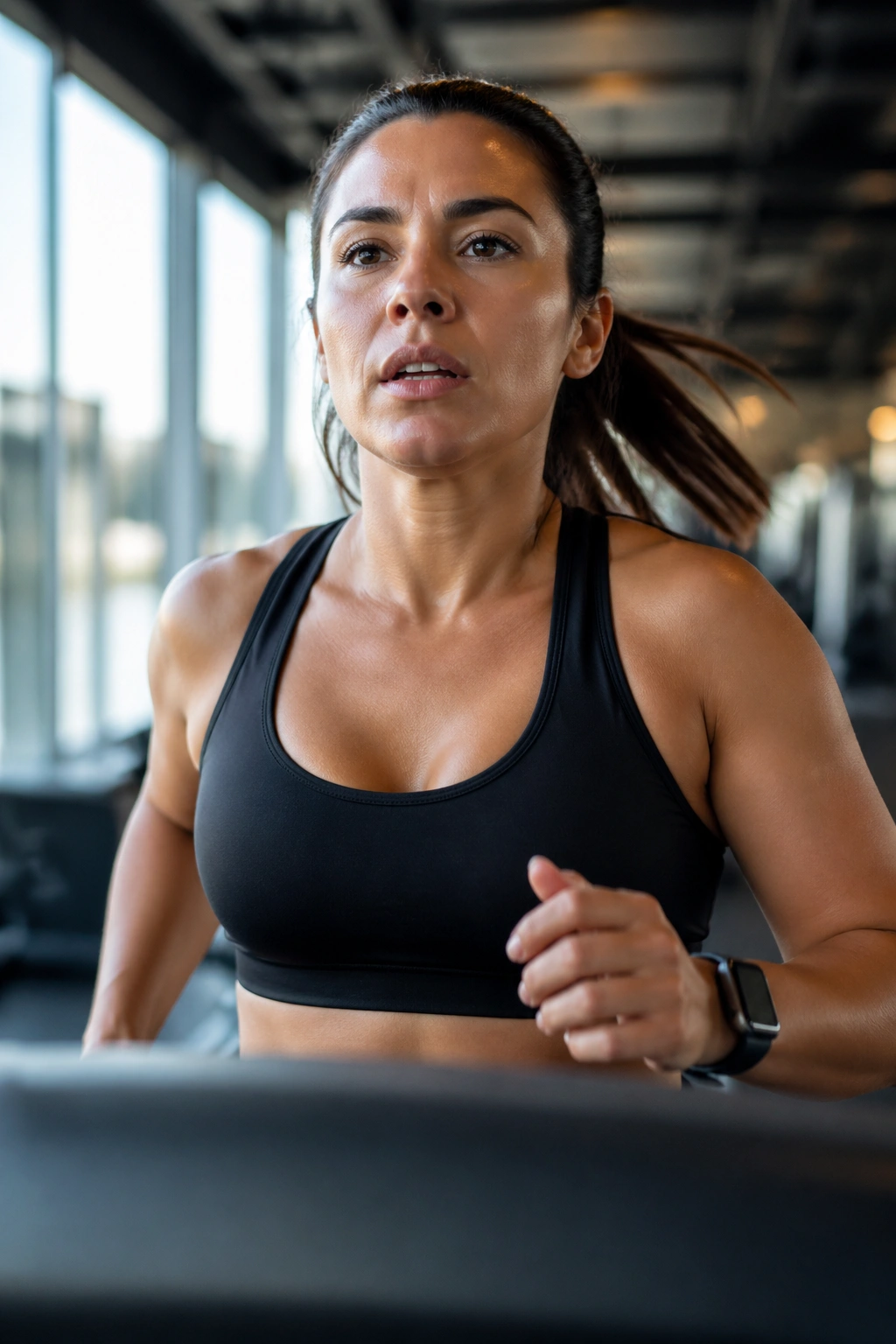 Real person running on a treadmill with varied pace in a gym