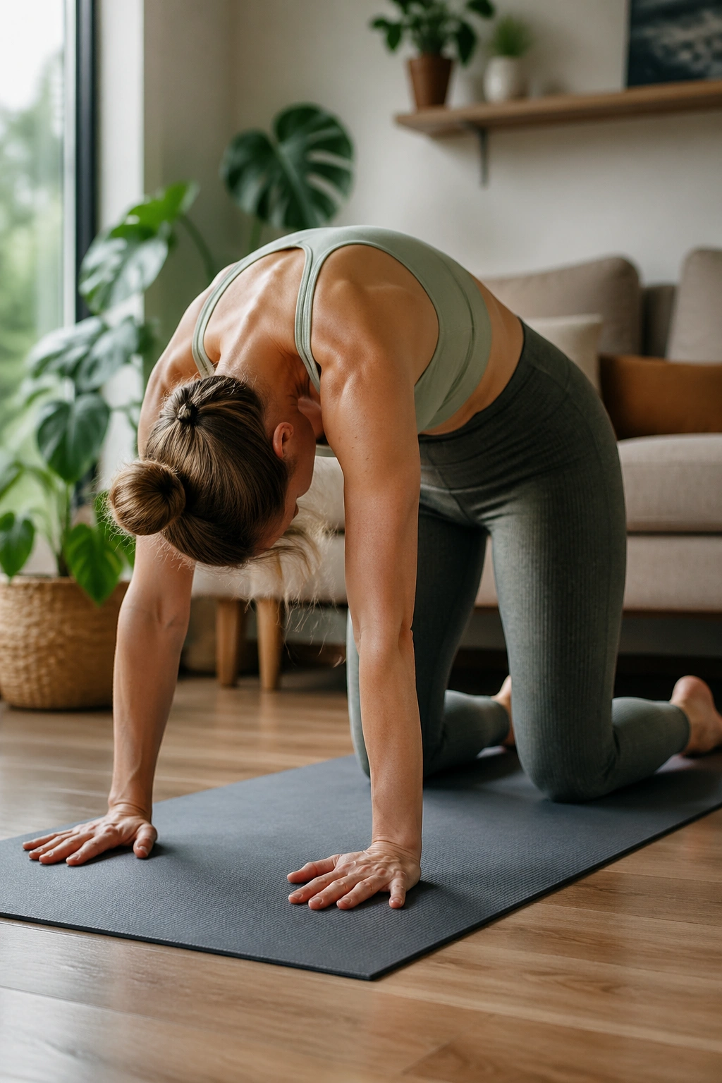Person performing cat-cow mobility flow on a mat in a calm home setting
