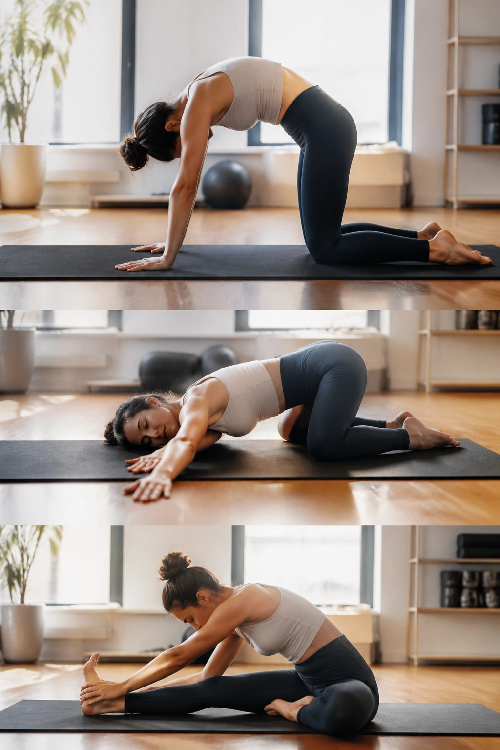Person performing mobility and recovery stretches on a mat