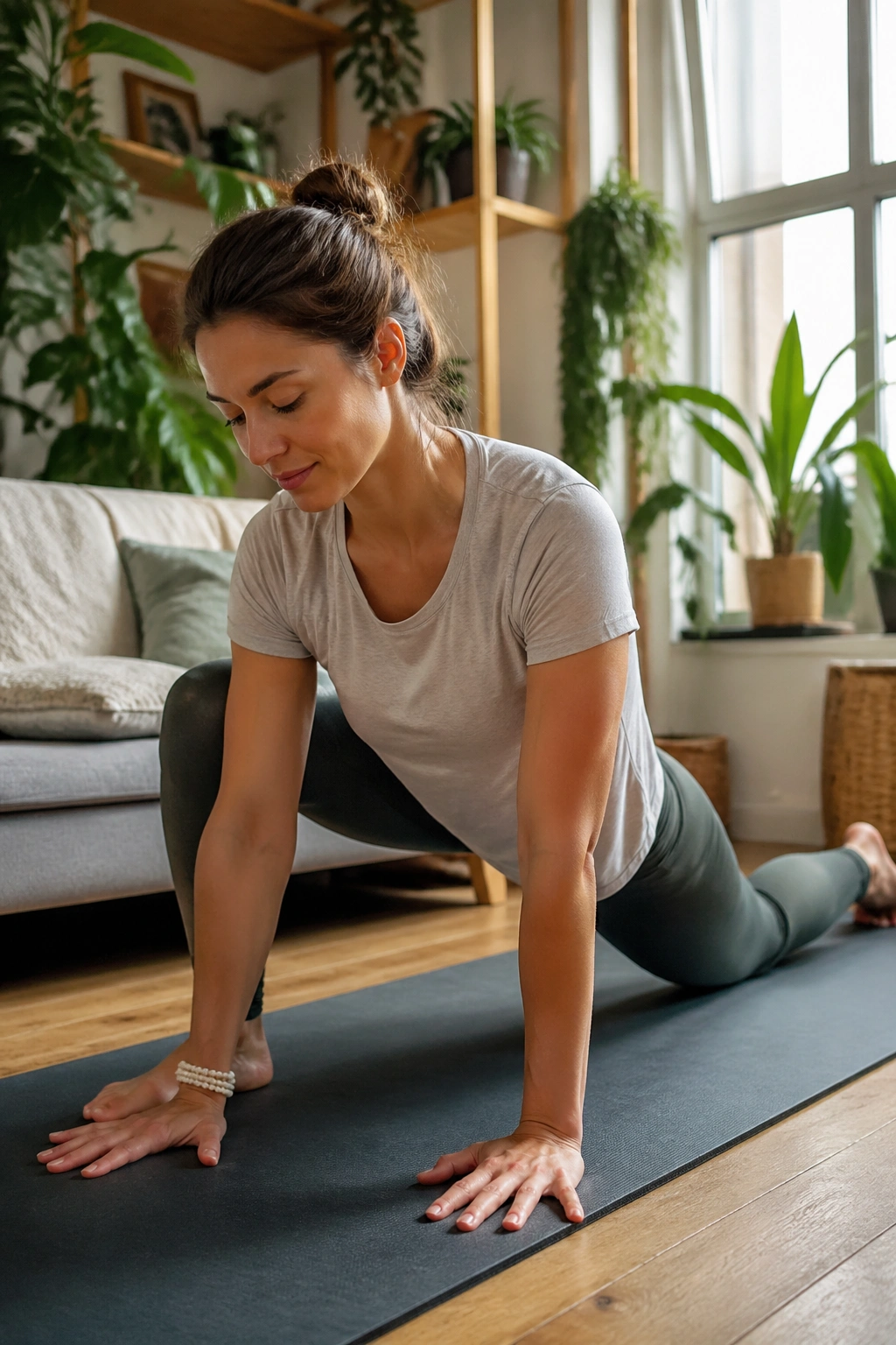 Woman performing mobility exercise on yoga mat in living room