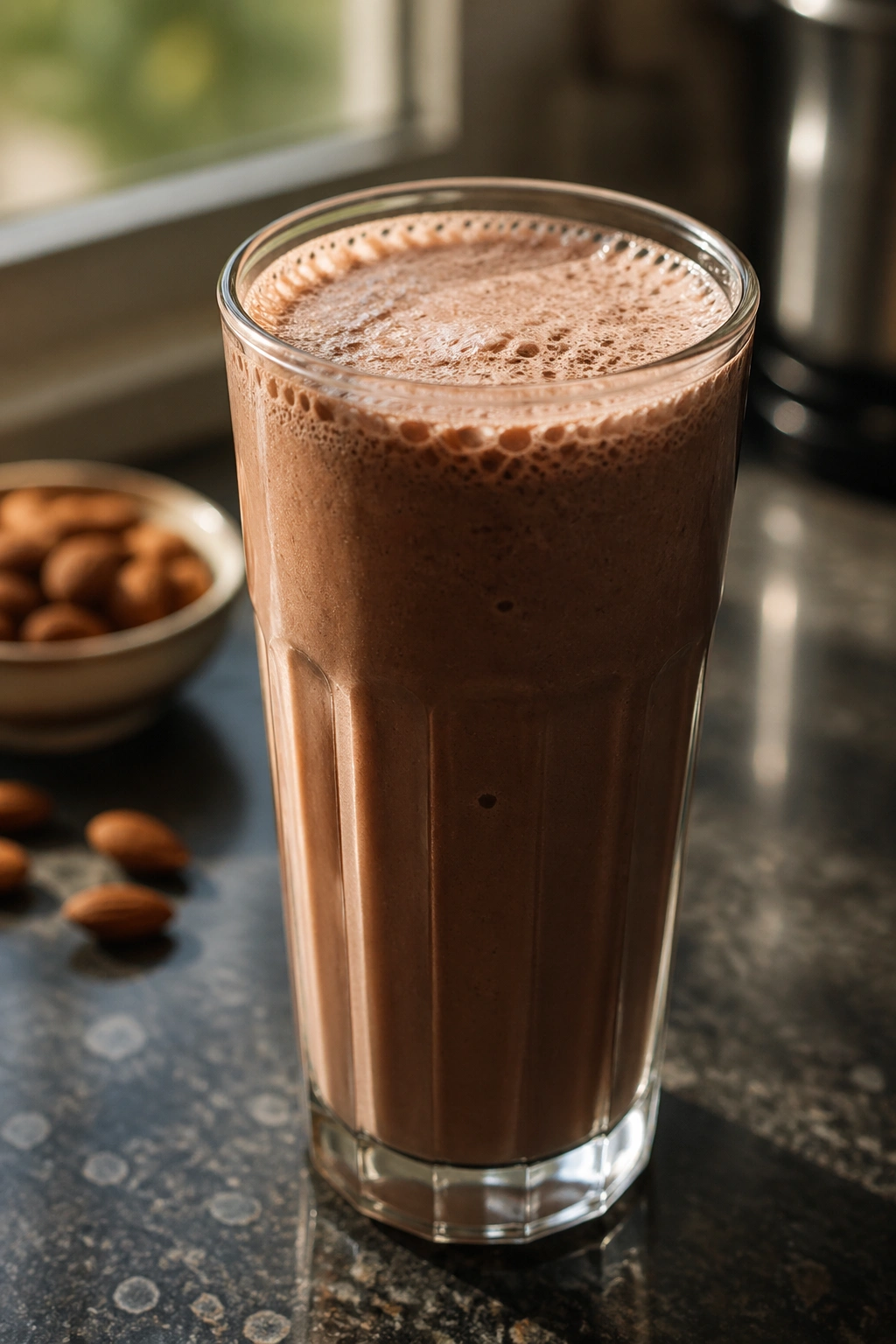 Frothy mocha almond protein shake in a glass