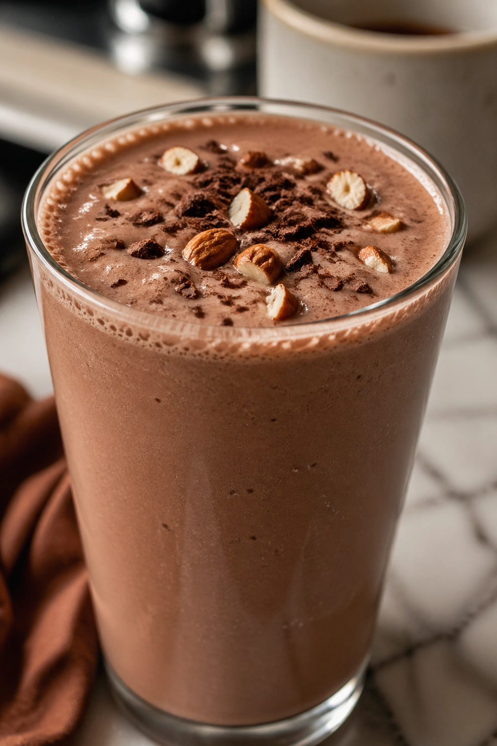 Coffee-colored mocha almond smoothie in a glass with a frothy top on a kitchen counter.