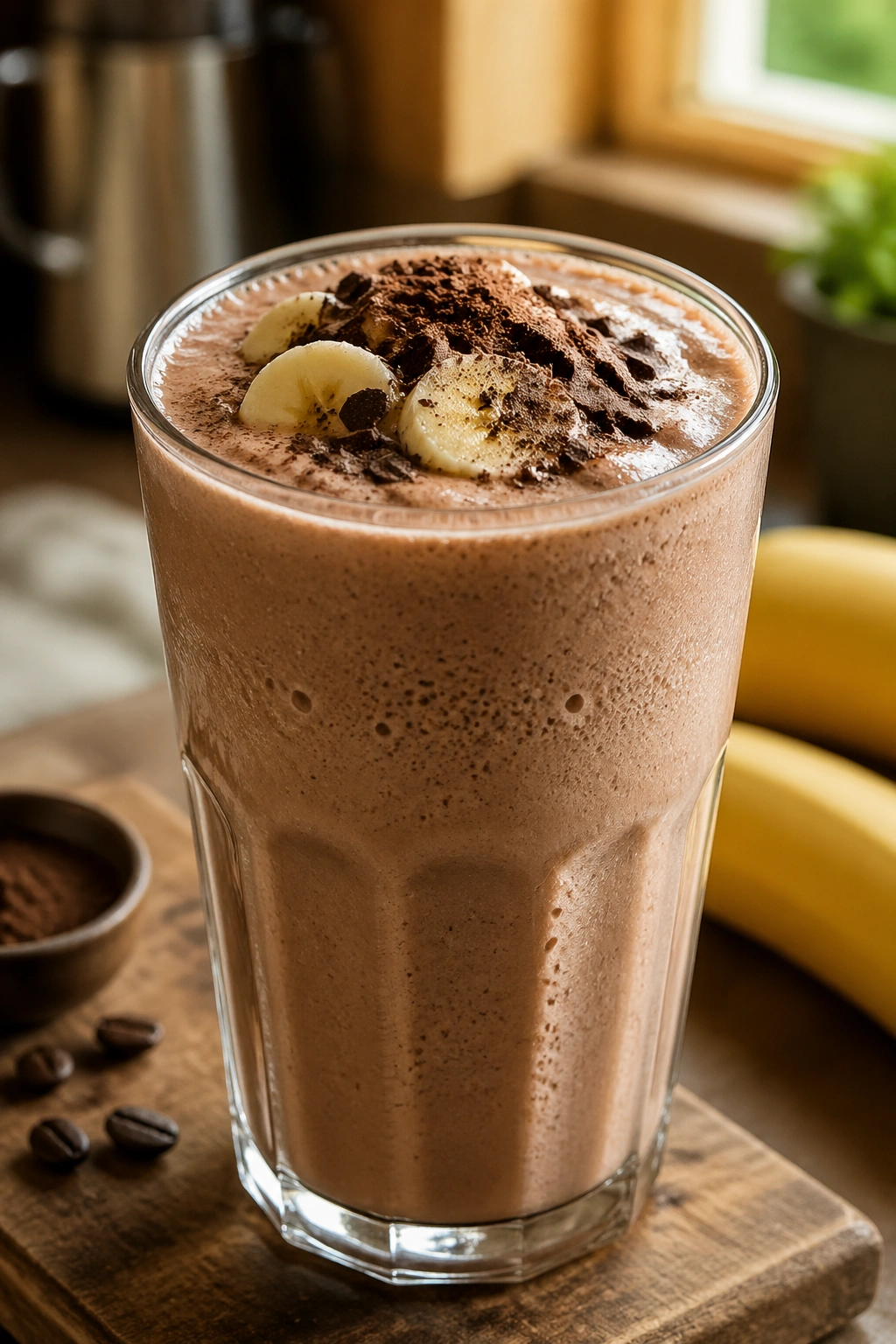 Glass of Mocha Banana Protein Shake in a warm kitchen