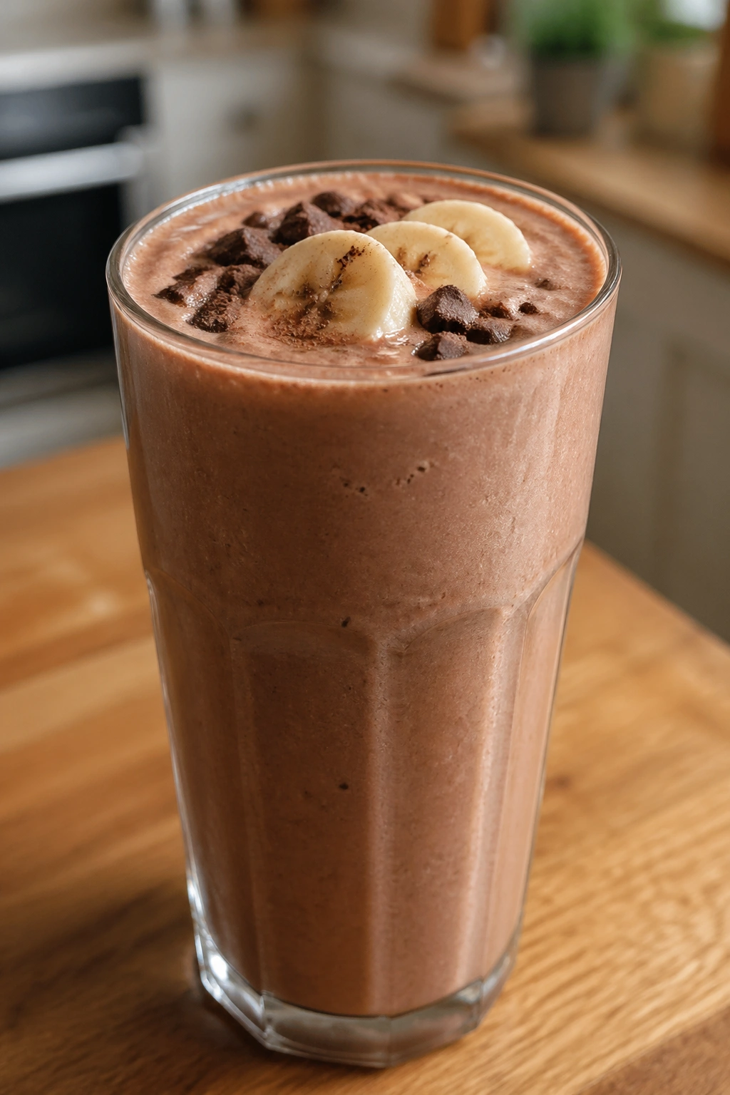 Close-up of a glass of mocha banana recovery smoothie on a wooden counter with warm light