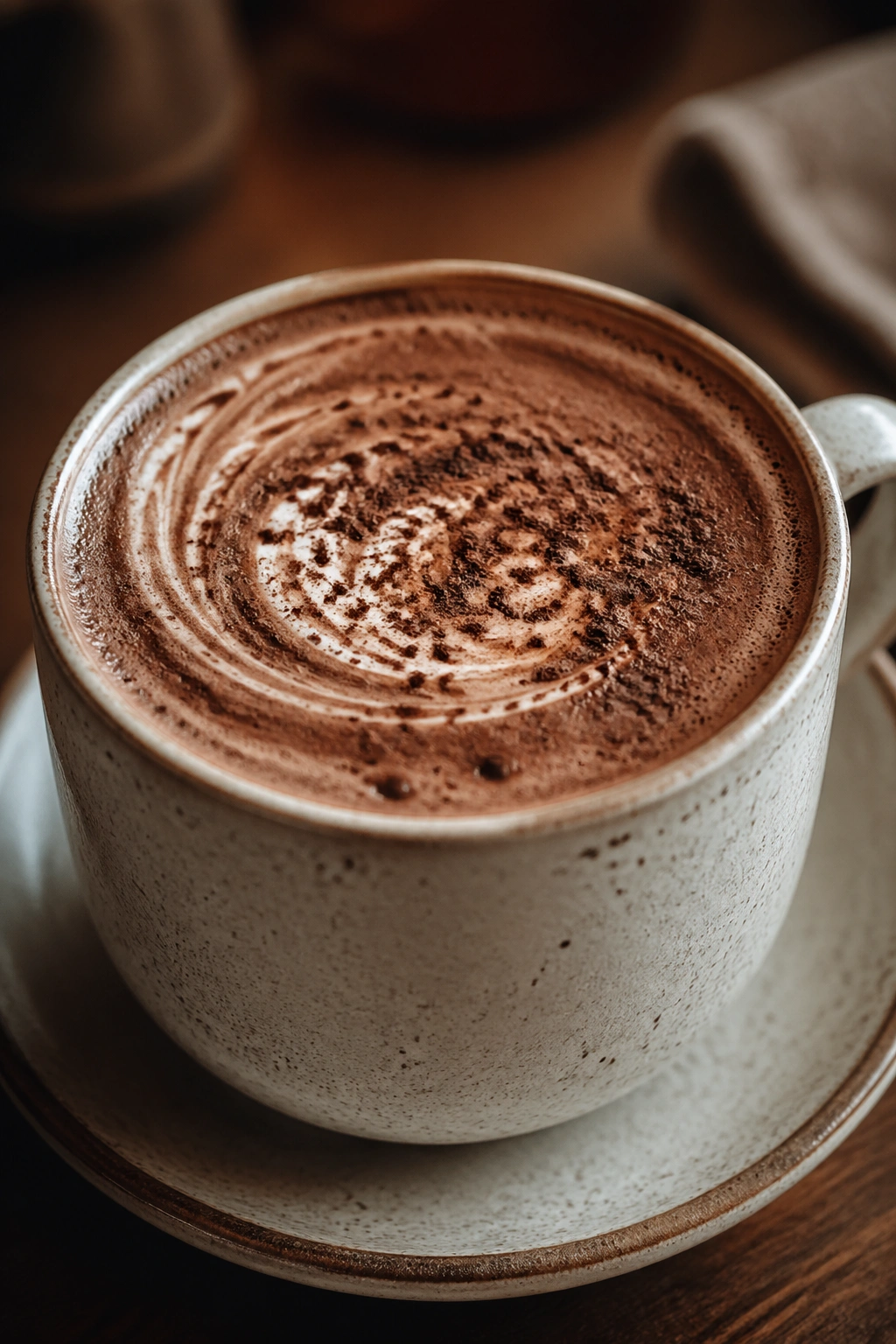 Close-up of a mocha in a ceramic cup on a warm cafe table