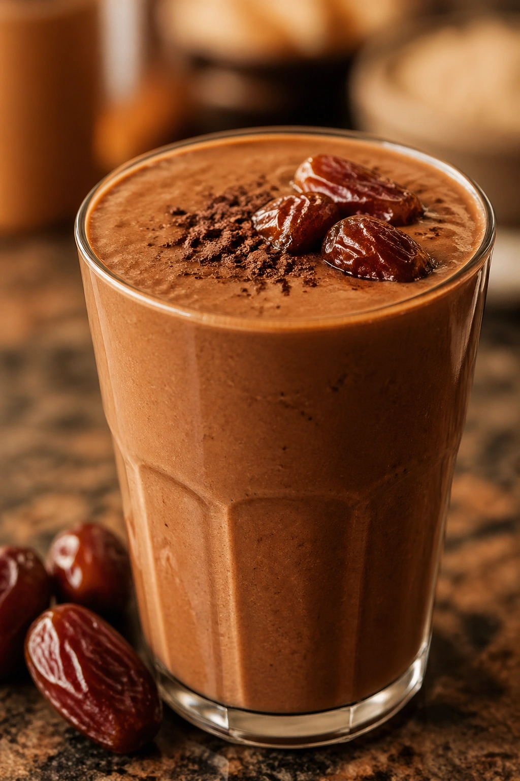 Close-up of a mocha date protein shake in a glass on a cozy kitchen counter