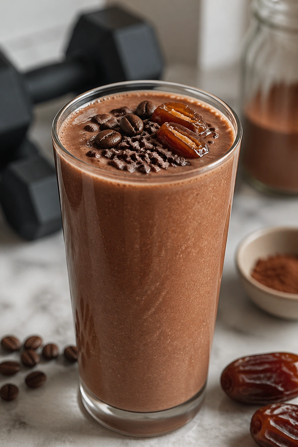 Mocha date post-lift shake in glass on kitchen counter