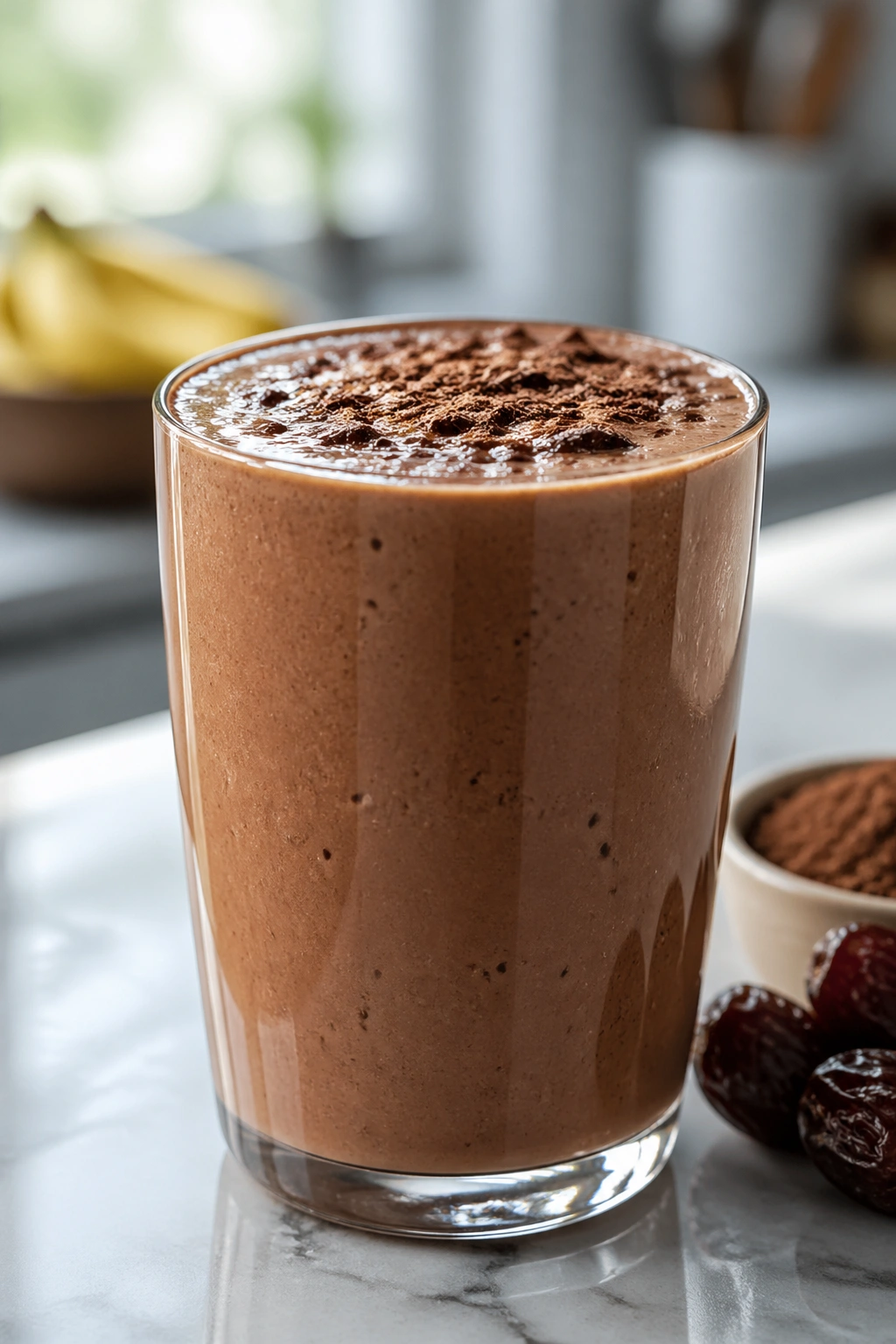 Close-up of Mocha Date Recovery Shake in a glass on a kitchen counter