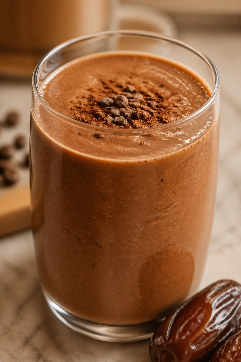 Close-up of mocha date protein smoothie in a glass