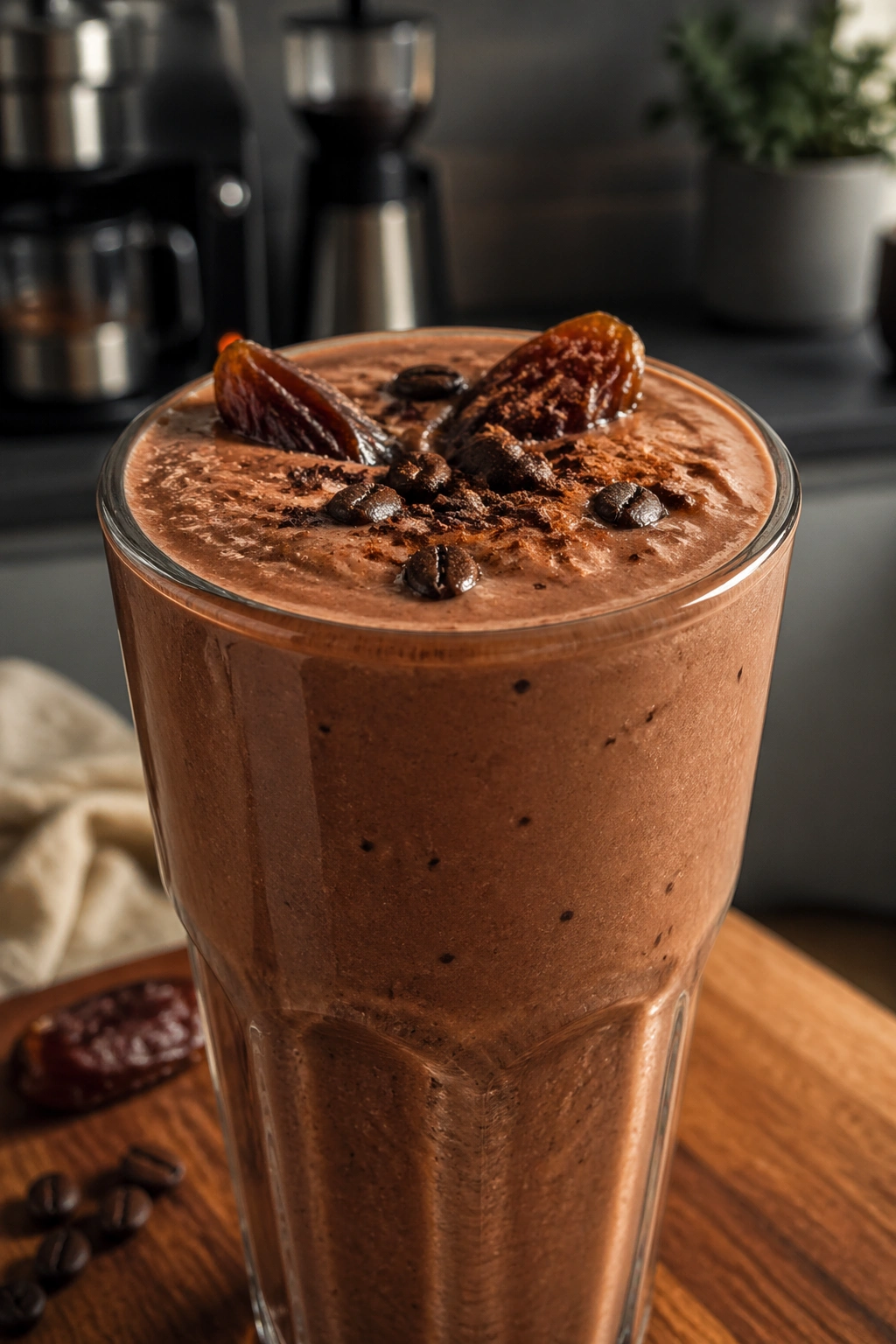 Mocha-colored date whey smoothie in glass on kitchen counter