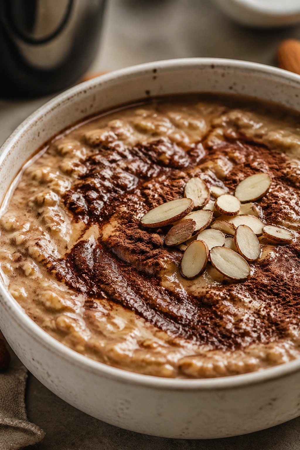 Close-up of Mocha Espresso Protein Oats with espresso swirl in a warm kitchen