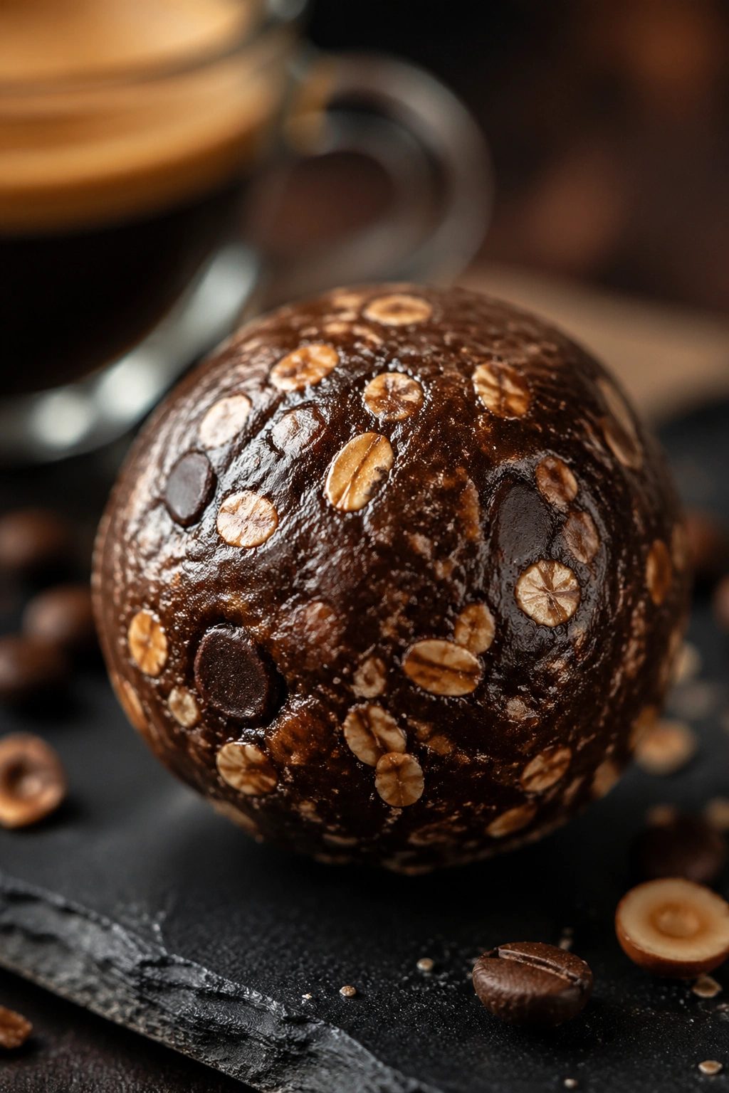 Mocha hazelnut oat protein ball on a dark surface with espresso backdrop