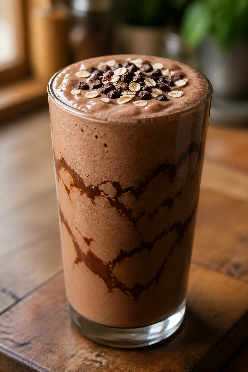 Close-up of mocha oat shake in a glass on a wooden kitchen counter