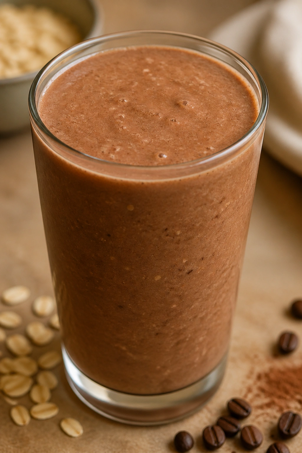 Close-up of a mocha oat breakfast smoothie in a glass on a kitchen counter