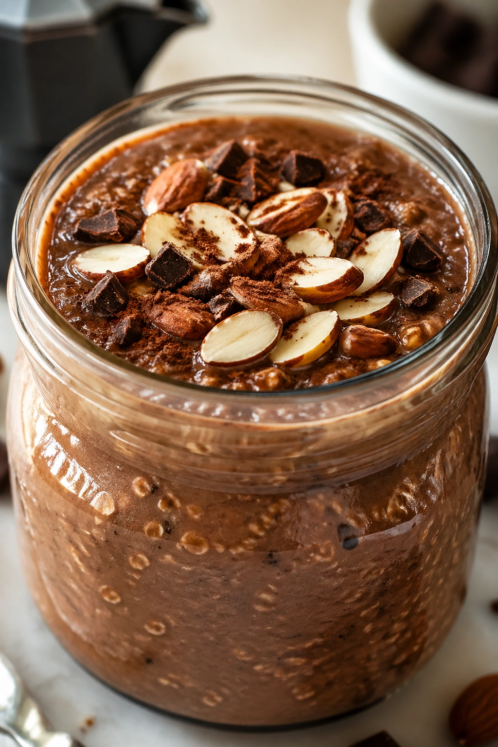Jar of mocha almond breakfast oats with almond topping