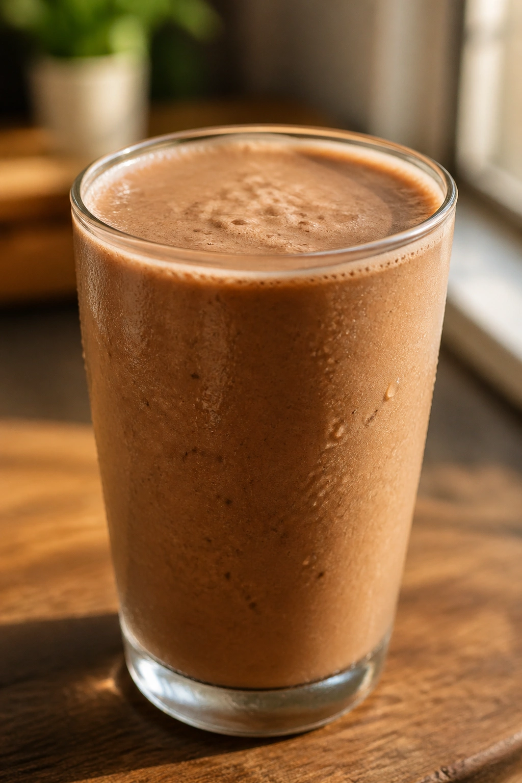 Close-up of mocha oat recovery smoothie in a glass on a wooden counter
