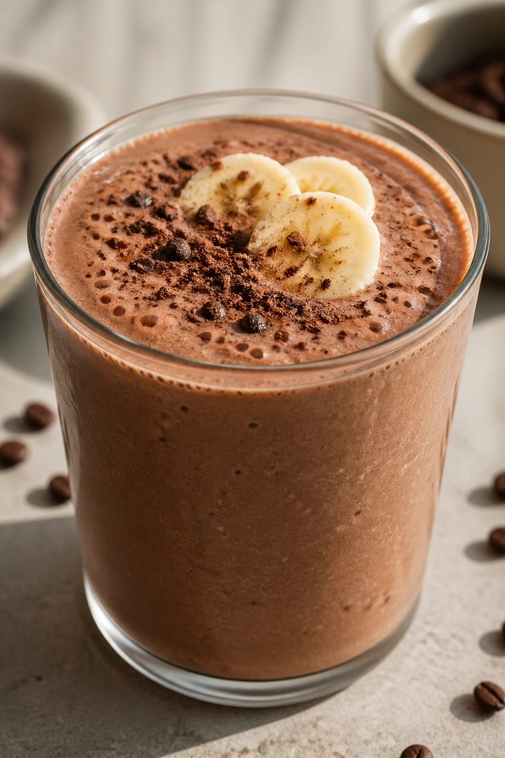 Close-up of a Mocha Tahini Banana Smoothie in a glass on a kitchen counter.