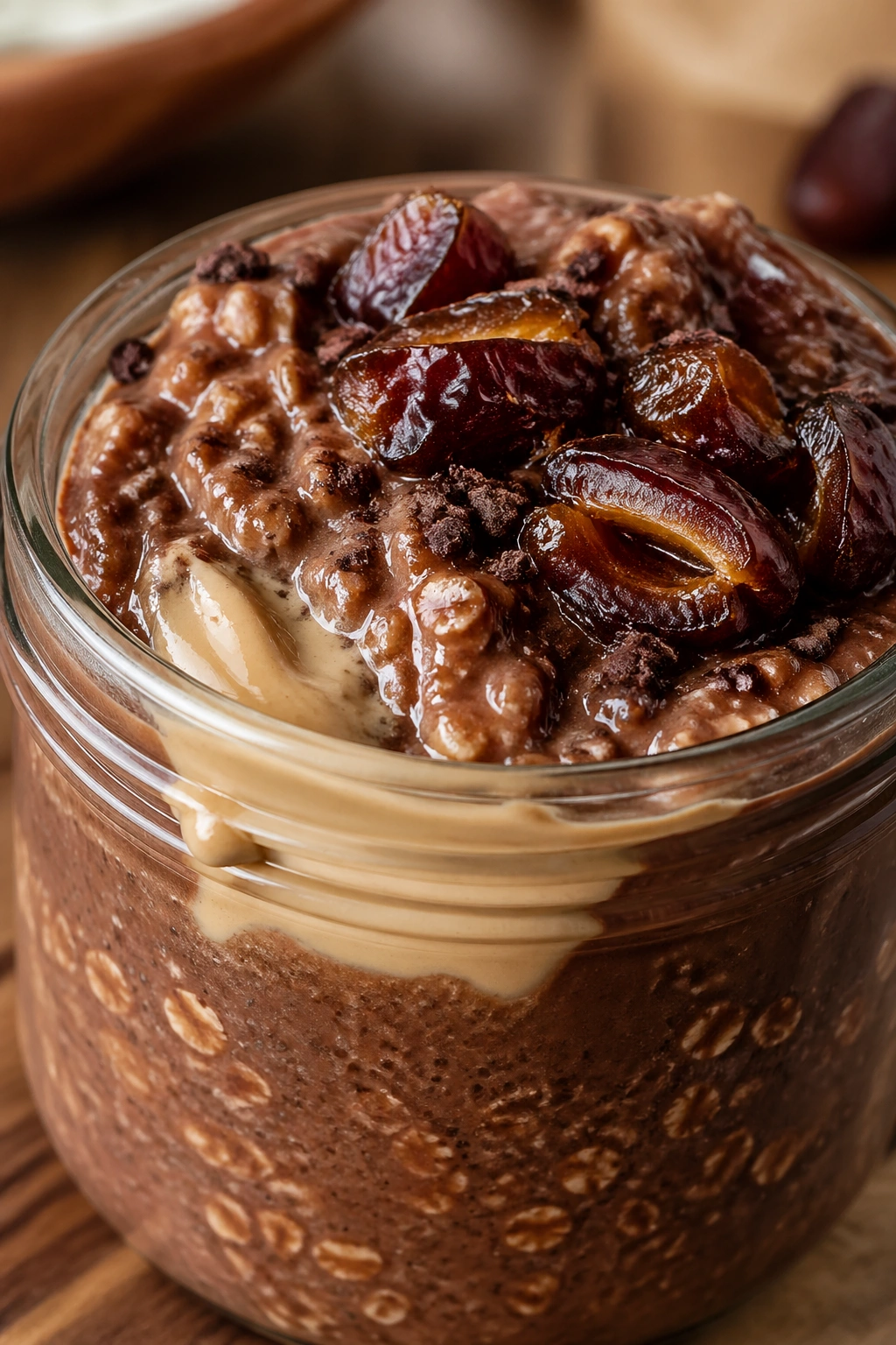 Mocha Tahini Date Oats in a jar with tahini and dates