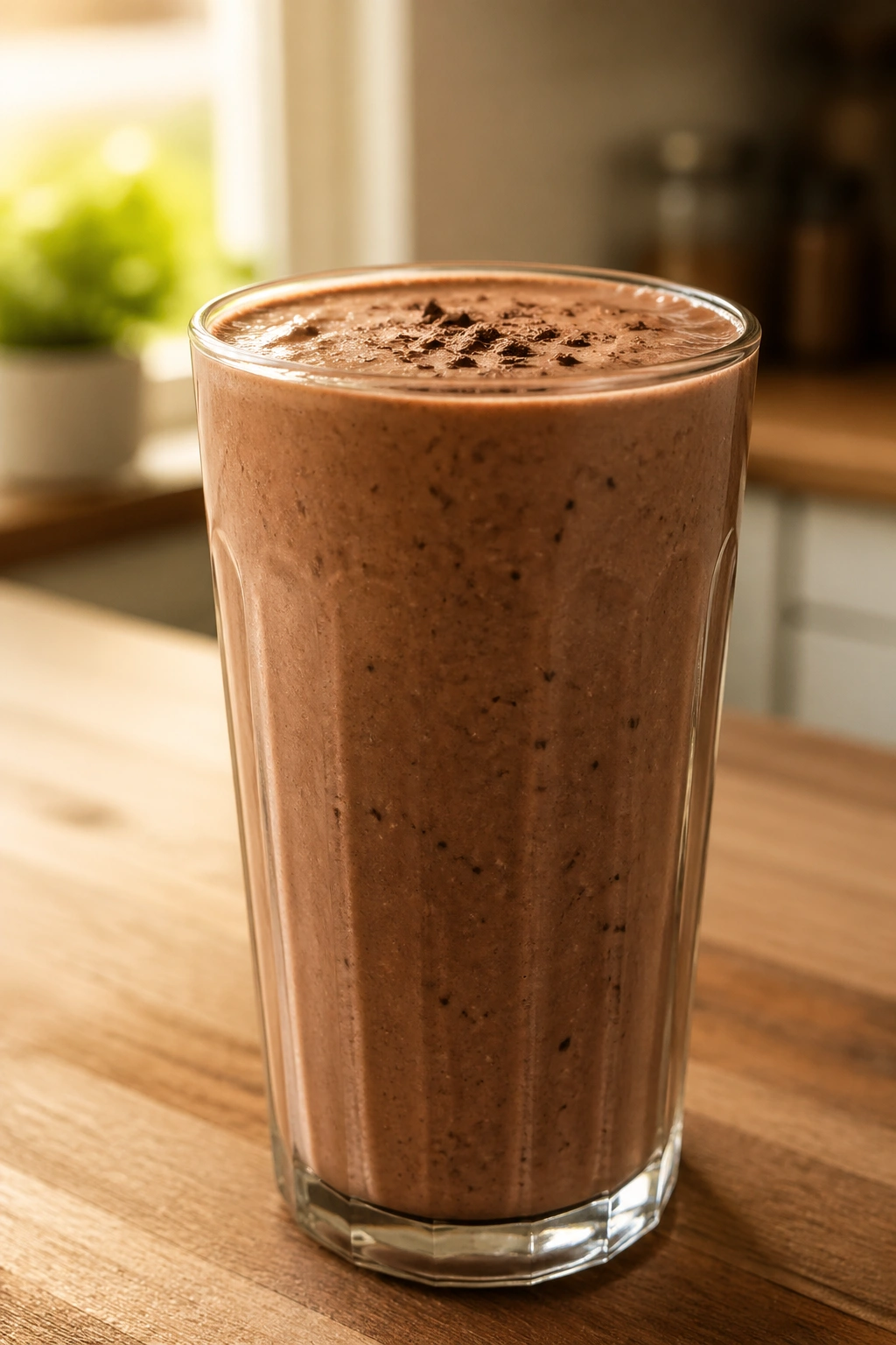 Close-up of mocha yogurt pre-workout shake in a glass on a wooden counter