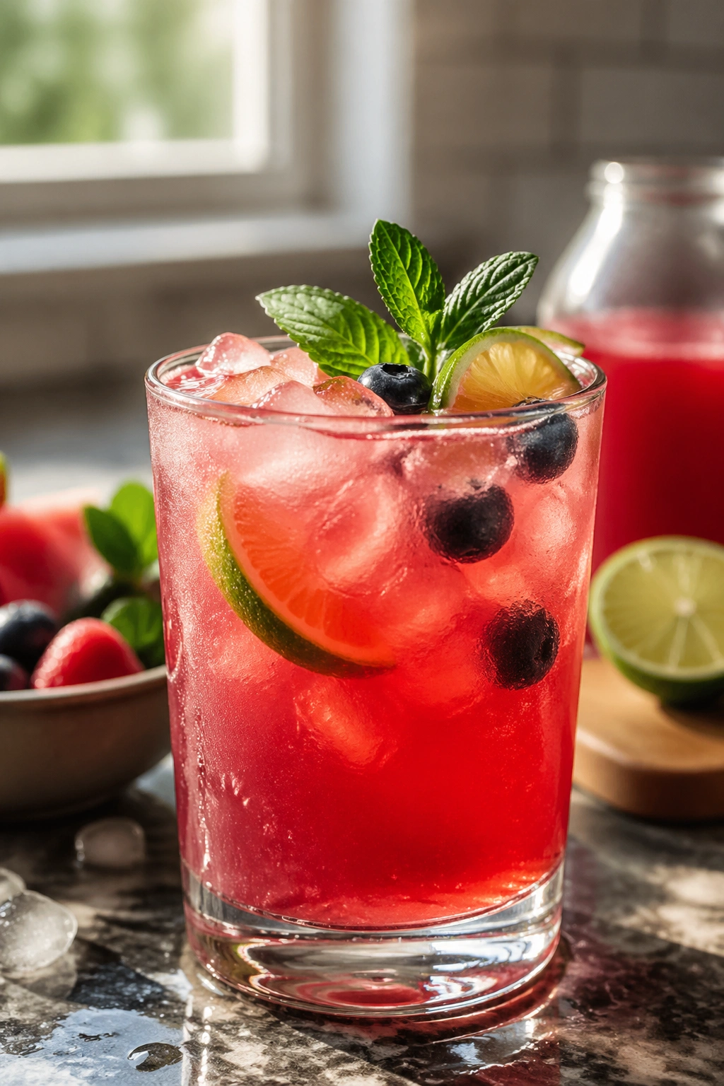 Close-up of a bright mocktail in a glass on a kitchen counter, ready for training day