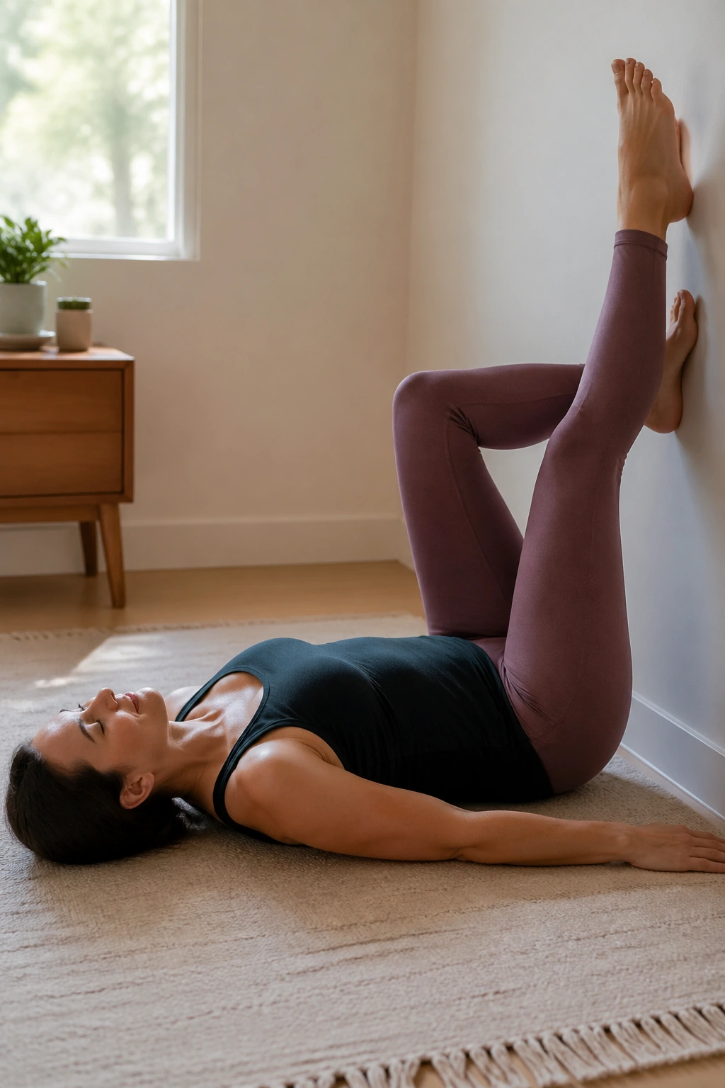 Close-up of a person performing Modified Dead Bug with feet on the wall