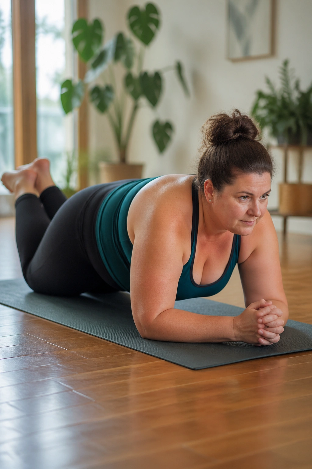 Real person in a modified forearm plank maintaining alignment on a mat