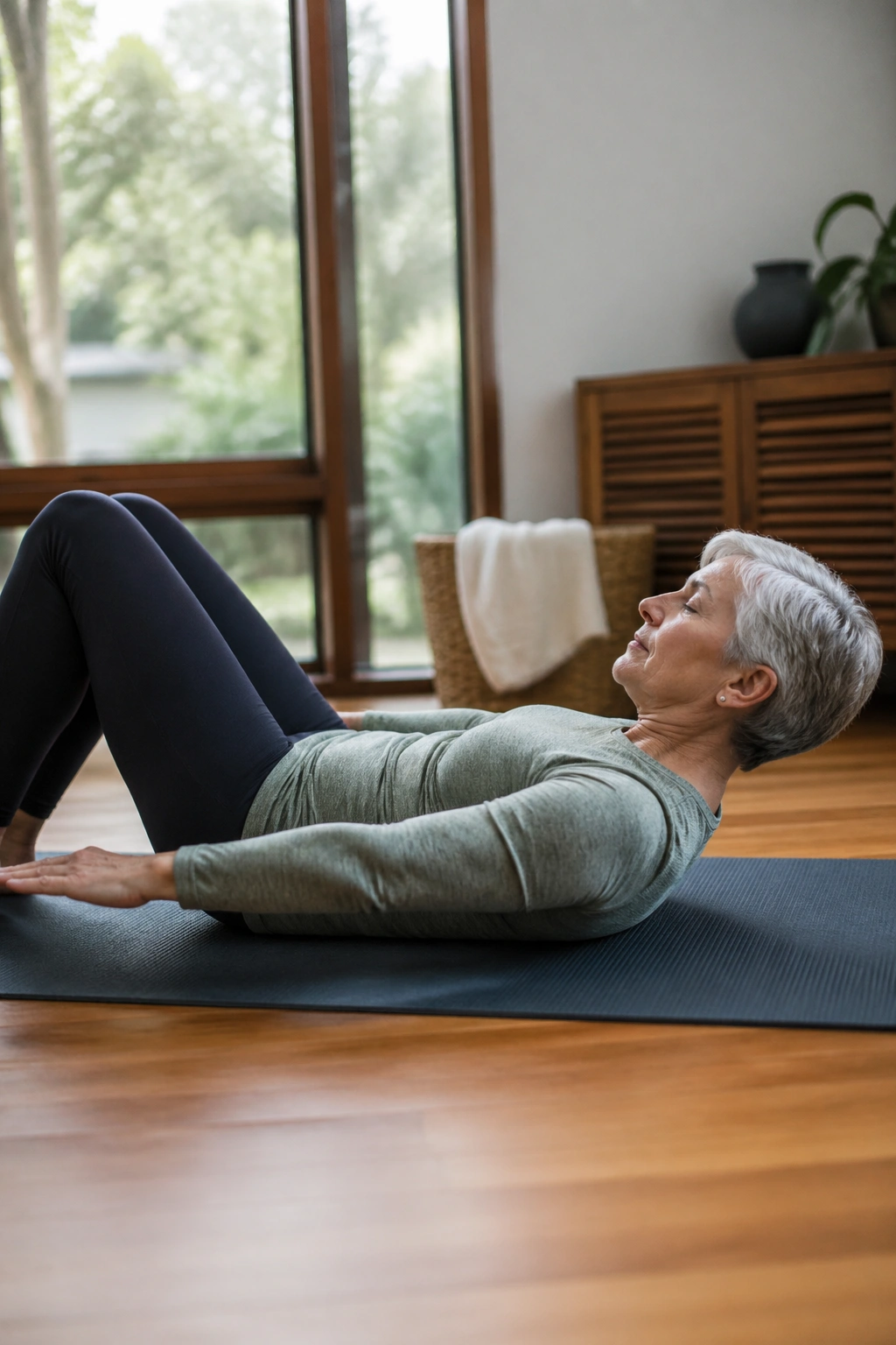 Senior on a mat performing Modified Hundred with knees bent and arms pumping