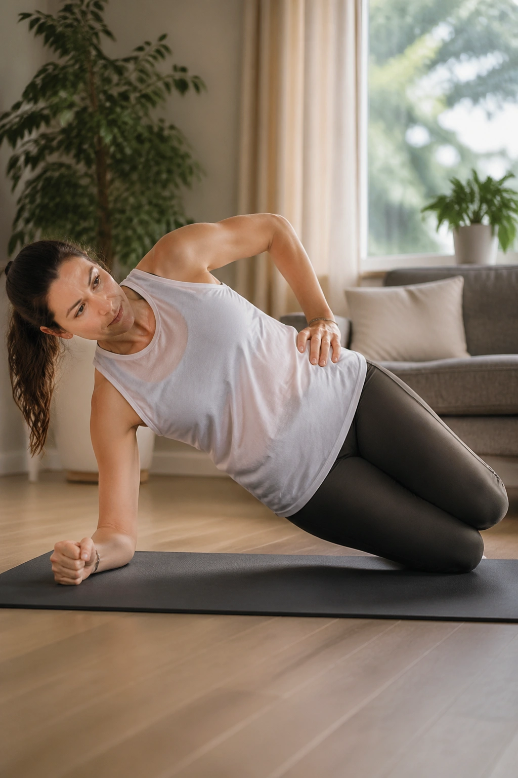 Real person performing knee-supported side plank on a mat