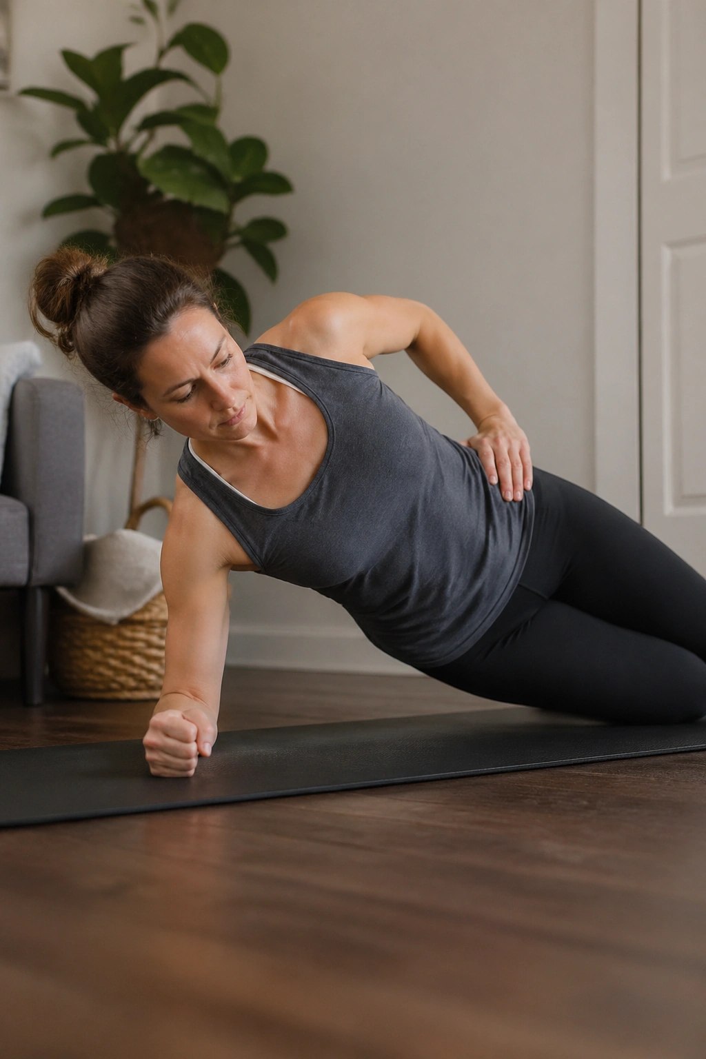 Real mom performing a forearm side plank with bent knees in a home gym