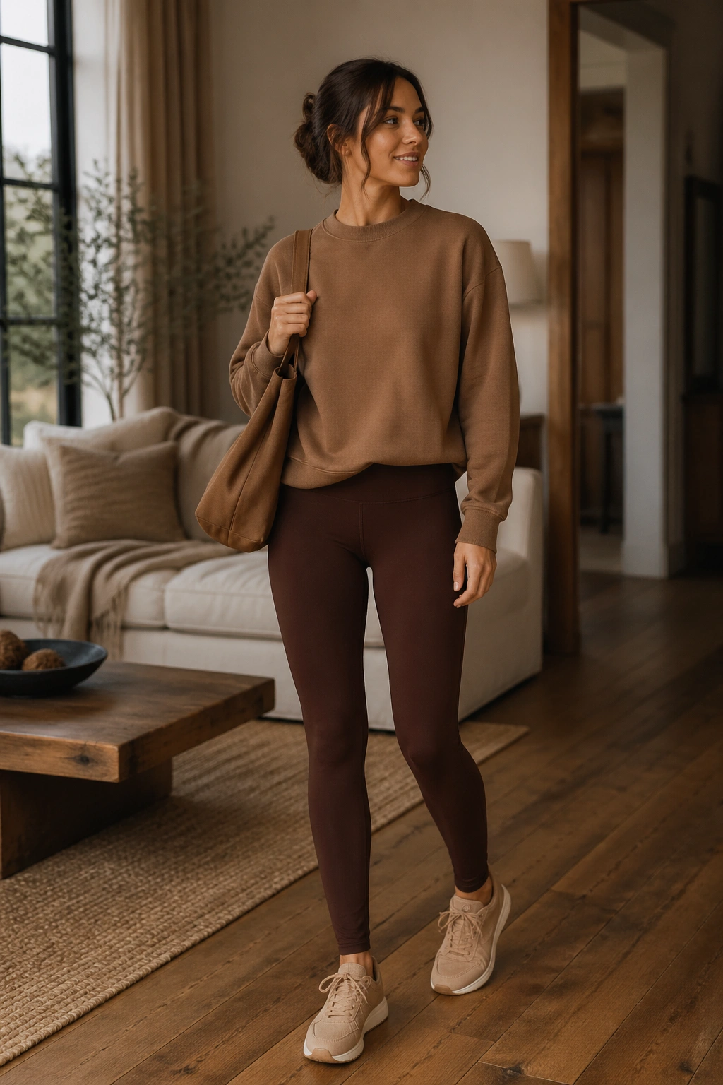 Woman in head-to-toe brown yoga pants outfit in a warm living room