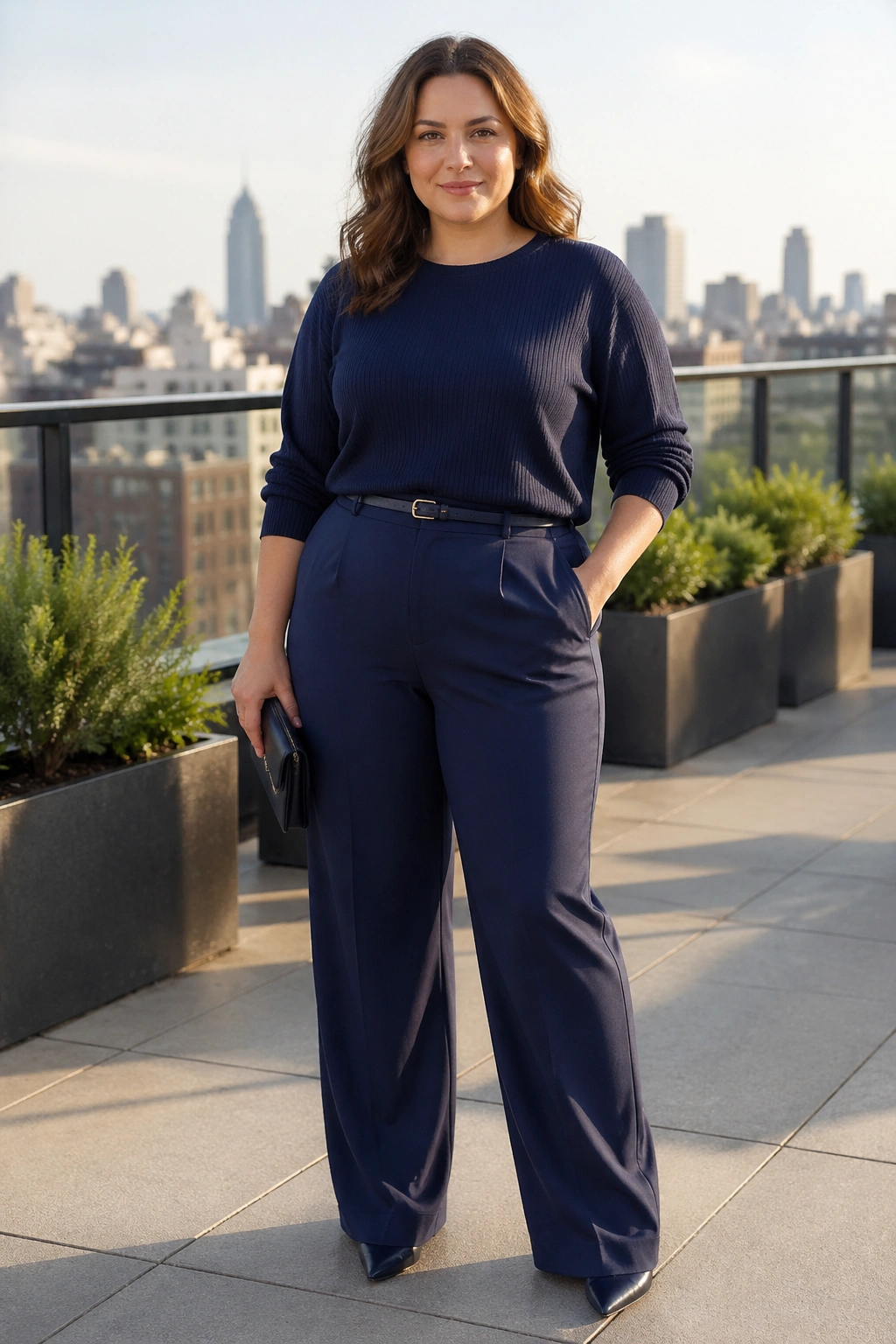 Full-body photo of a woman in navy monochrome outfit with textured fabrics