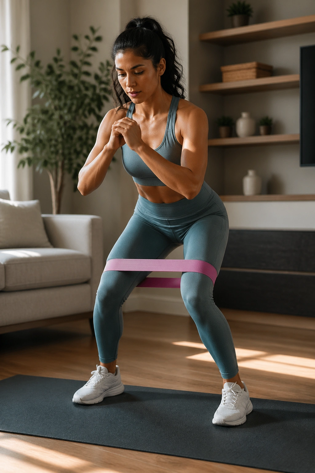 Full-body shot of a real person doing monster walks with a resistance band in a cozy home workout space