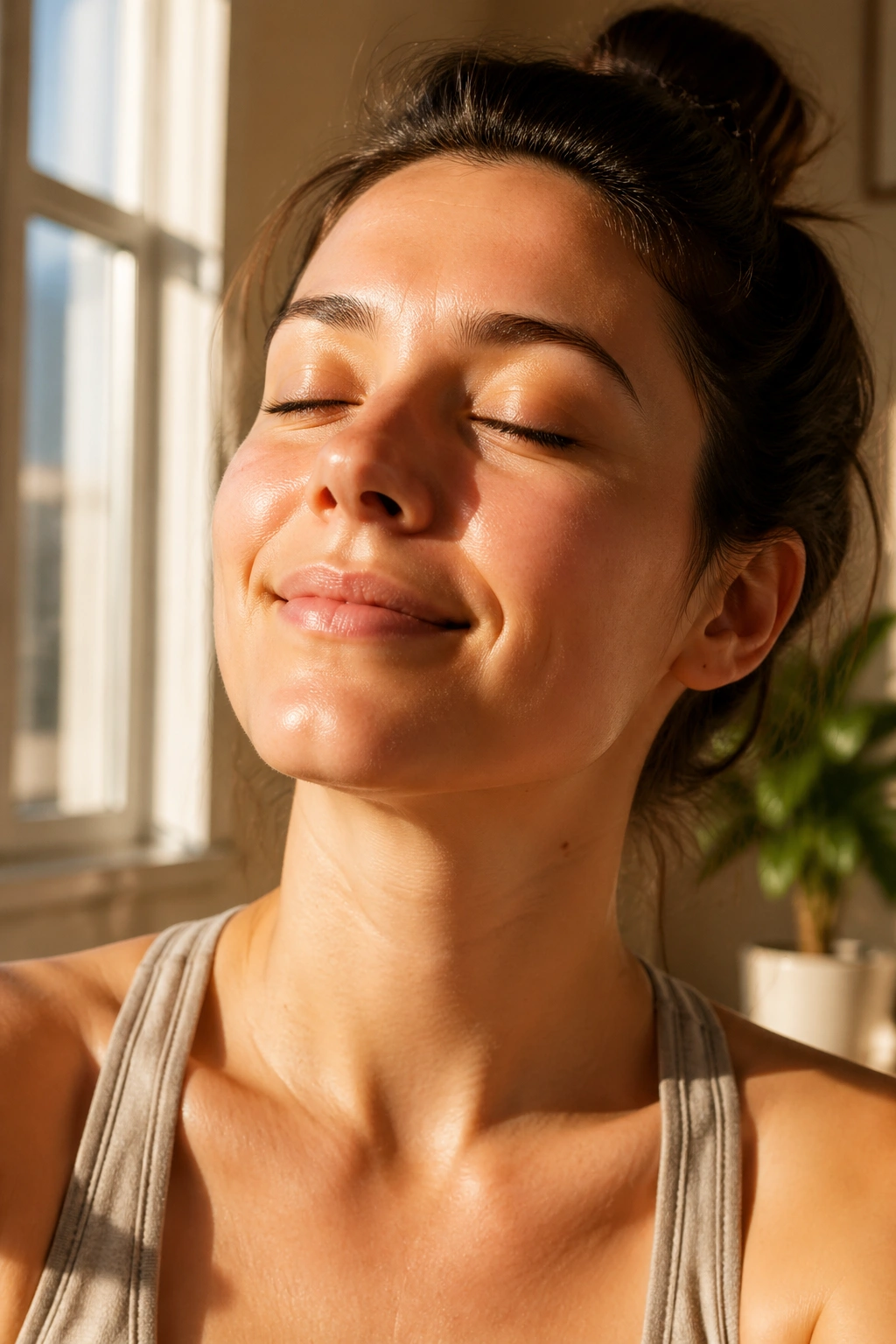 Real person bathed in warm morning light from a window