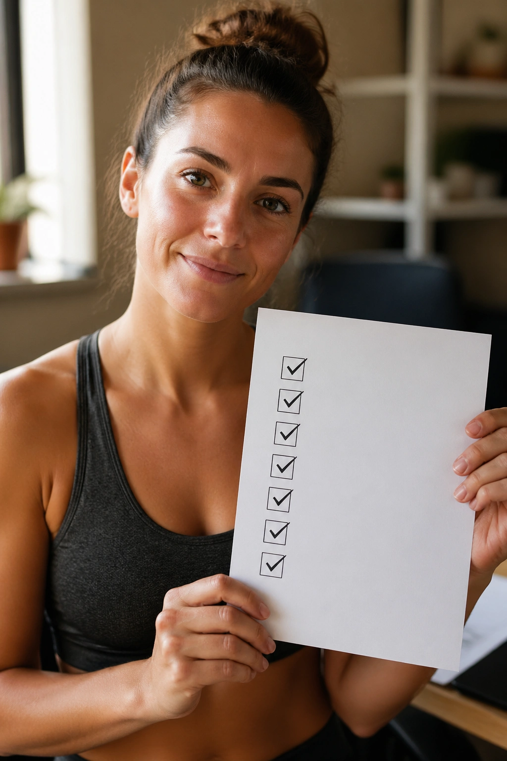 Person in a home office holding a simple checklist with check marks.