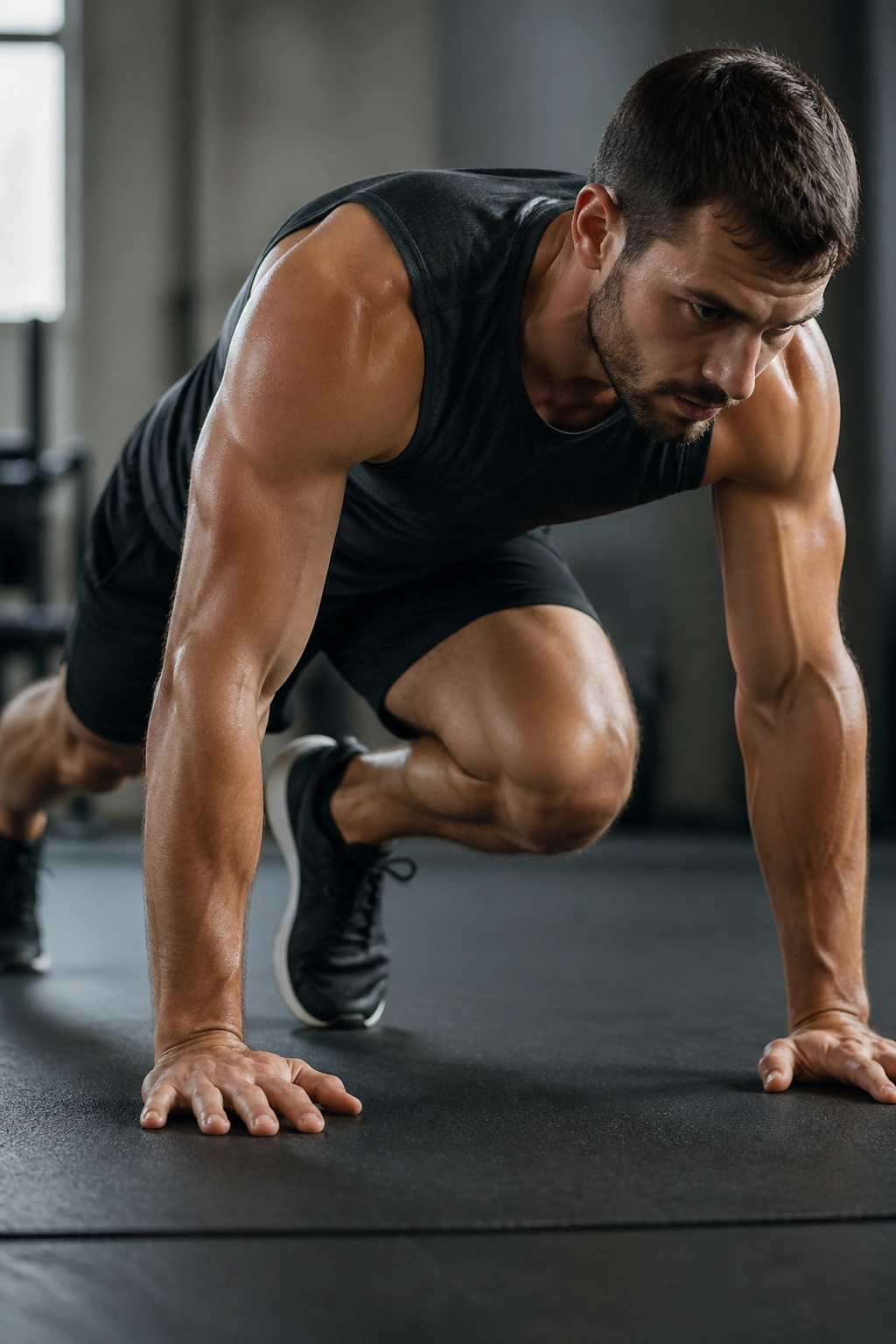 Person performing mountain climber in a high plank with knee to chest