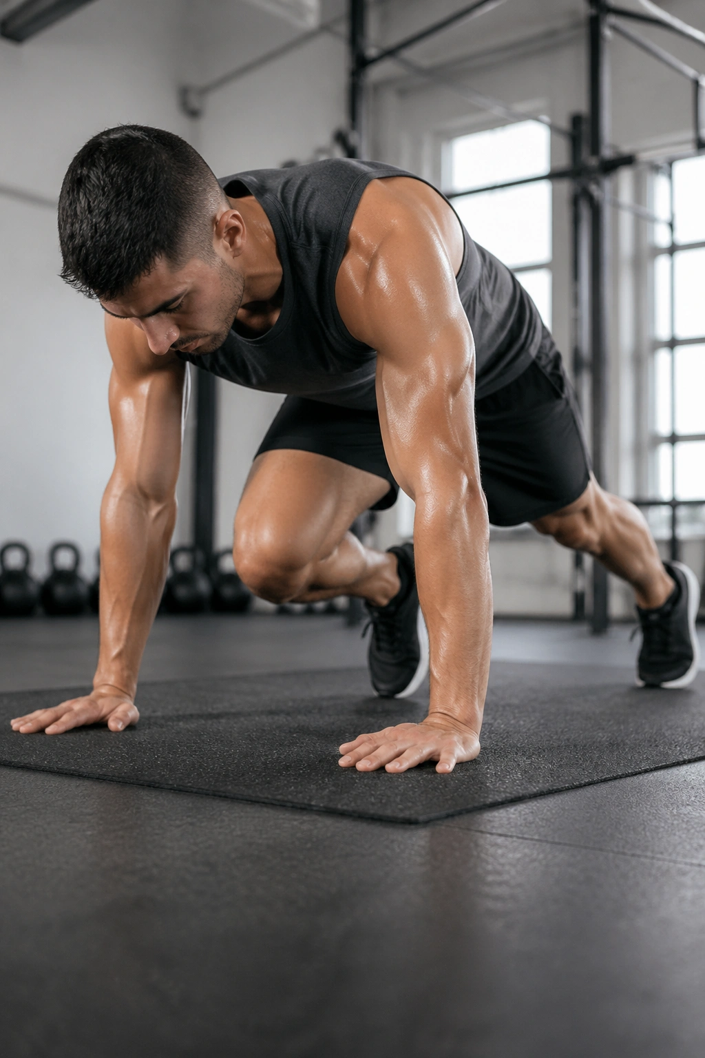 Close-up of a person performing mountain climbers in a gym